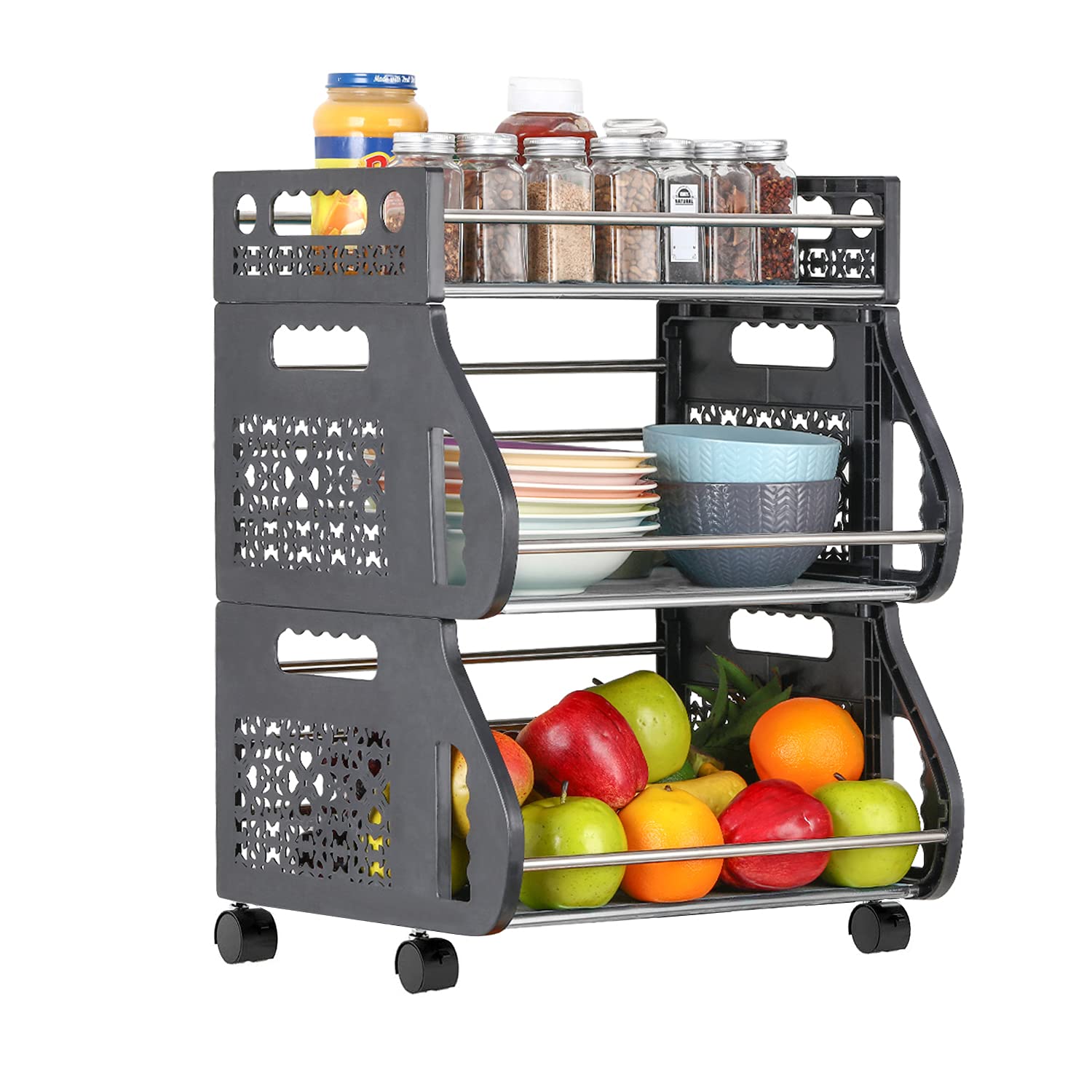 3-Tier Stackable Fruit and Vegetable Storage Basket with Wheels - Kitchen Organizer Cart for Pantry, Produce, Onion, Potato - Space Saving Utility Rack for Small Kitchen, Grocery Store, Farmers Market