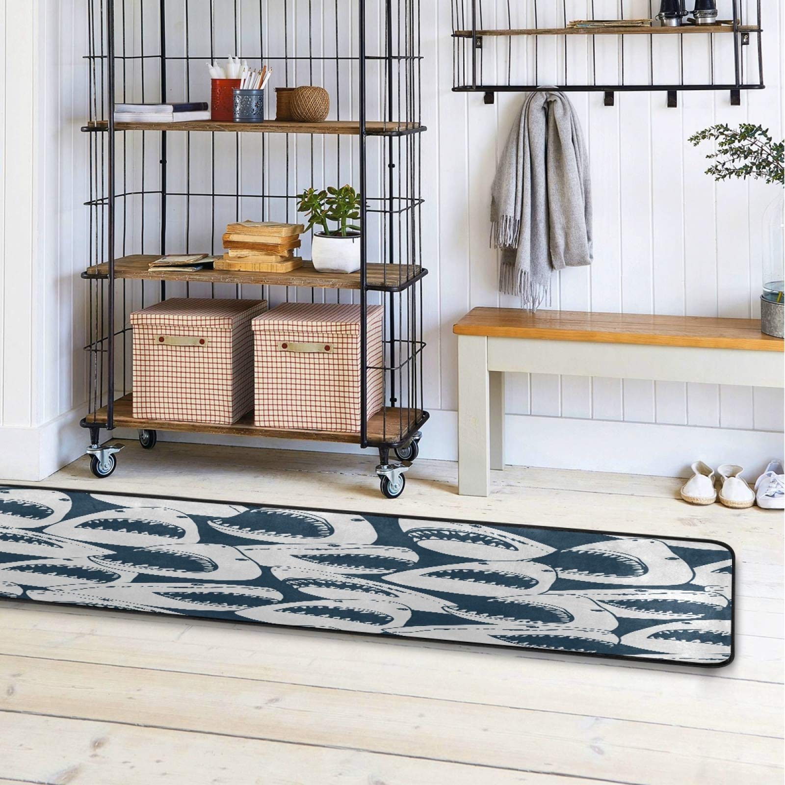 Non-Slip 2'x6' Shark Pattern Area Rug - Ocean Sea Animal Themed Runner Carpet for Hallway, Living Room, Bedroom, Bathroom & Entryway - Perfect for Coastal Home Decor & Kids Room Design