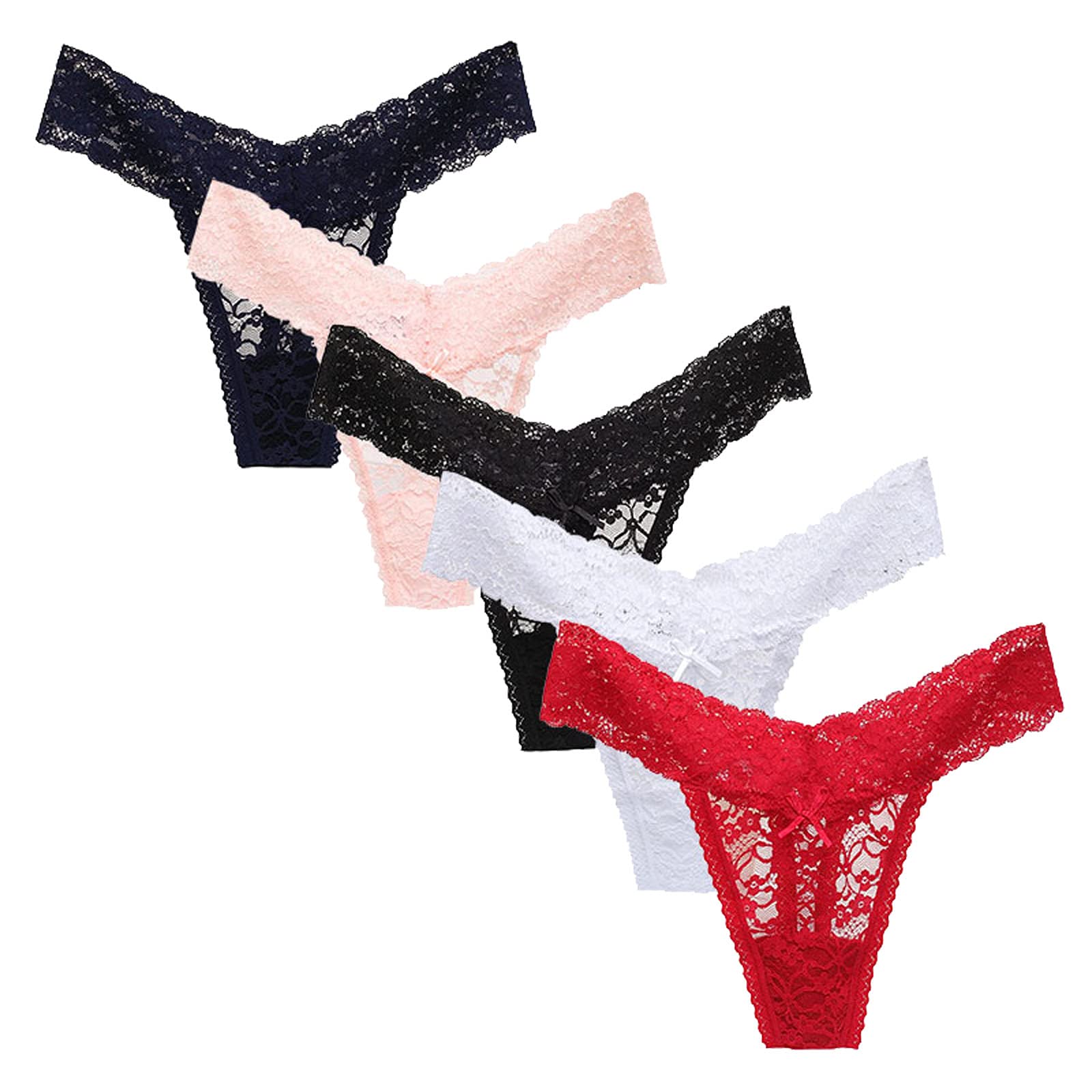 5 Pack Women's Lace Thong Underwear - Hollow Out T-Back, Low Waist, Seamless & See-Through Panties for Daily Wear, Date Night & Special Occasions