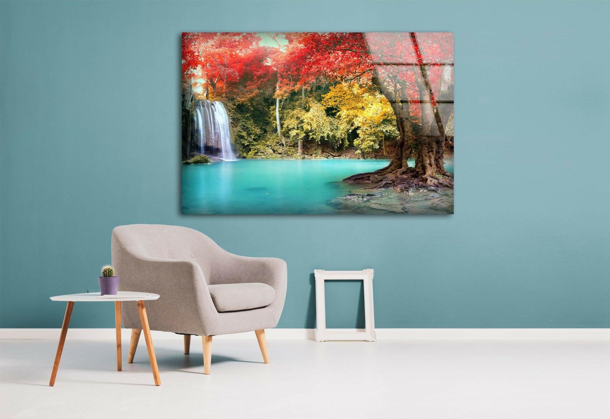 Autumn Forest Waterfall Glass Wall Art - Nature-Inspired Home Decor for Living Room, Bedroom & Office
