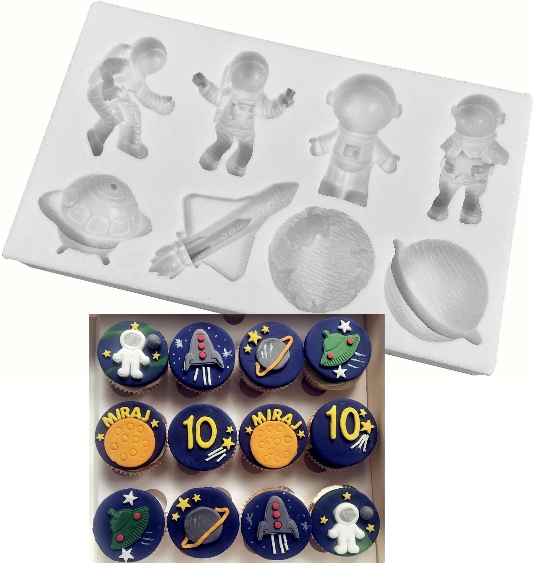 Space Theme Silicone Mold Set - Astronauts, Rockets & Planets for Chocolate, Candy, Cupcake, Fondant Cake Decorations | DIY Baking & Crafting Tools | Perfect for Birthday Parties, Baby Showers & Space-Themed Events (White, SAP-11)