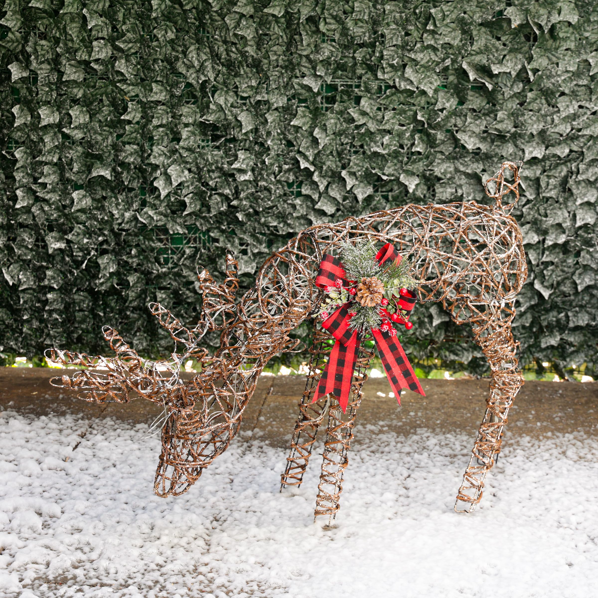 Rattan Grazing Reindeer with Bow & LED Lights - Christmas Holiday Home Decor for Mantel, Tabletop, and Outdoor Garden