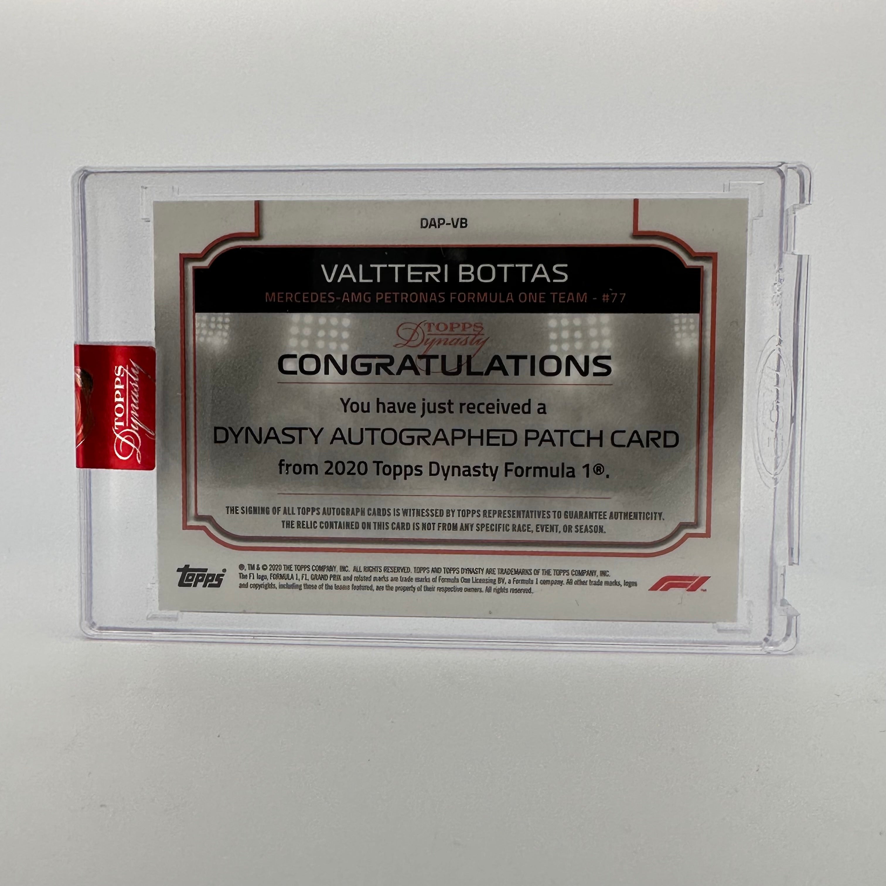 2020 Dynasty Valtteri Bottas #DAP VB Silver Autograph Patch - Limited Edition F1 Racing Collectible for Memorabilia Display & Fan Gifts