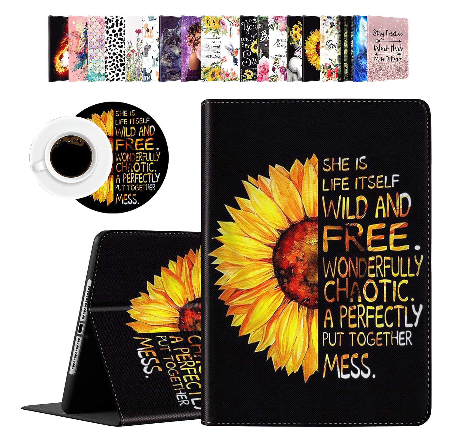 Shockproof iPad Case for iPad 10.2 (8th/7th Gen 2020/2019) & iPad Air/Pro 10.5 inch - Durable Protective Cover with Sunflower Design & Coasters Set | Perfect for Work, Travel and Home Use