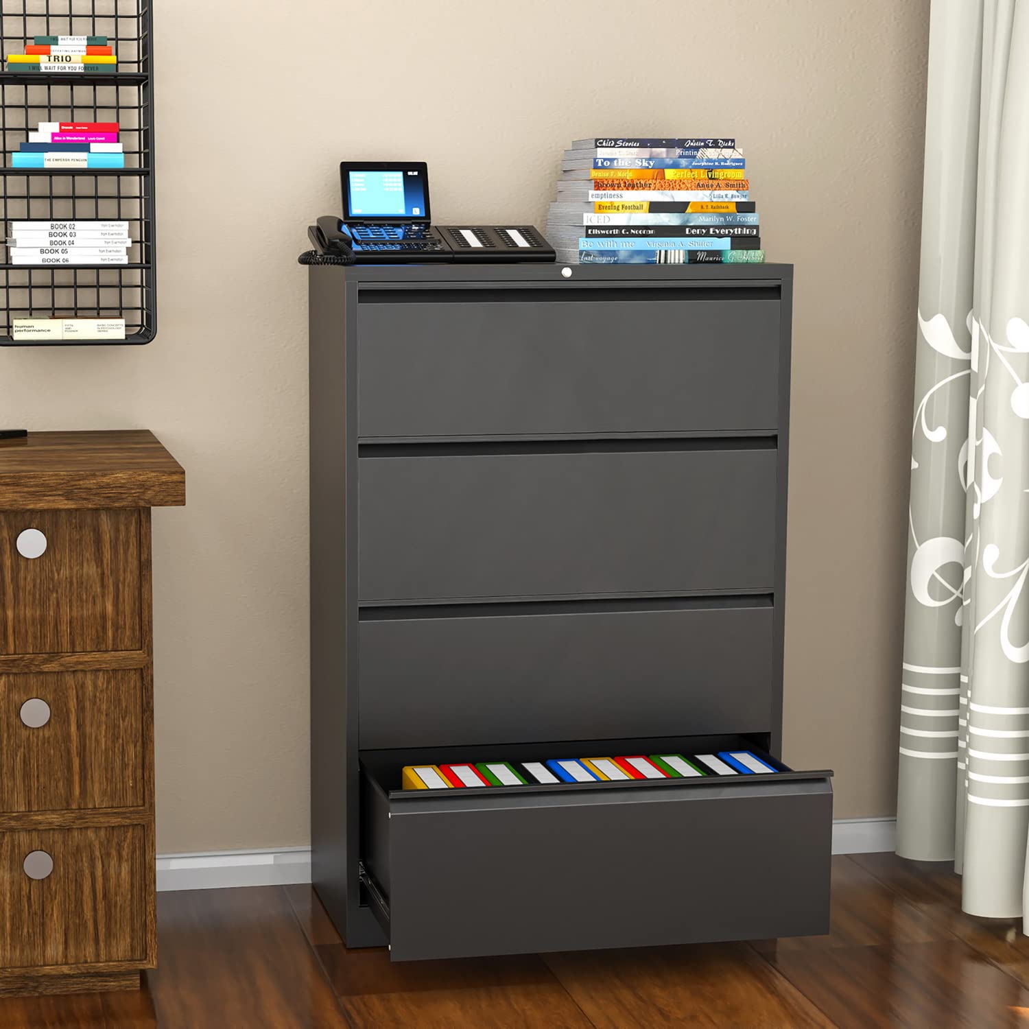 WTRAVEL 4-Drawer Lateral File Cabinet with Lock - Black Metal Storage Filing Cabinet for Home & Office Organization - Perfect for Documents, Folders, and Office Supplies Storage