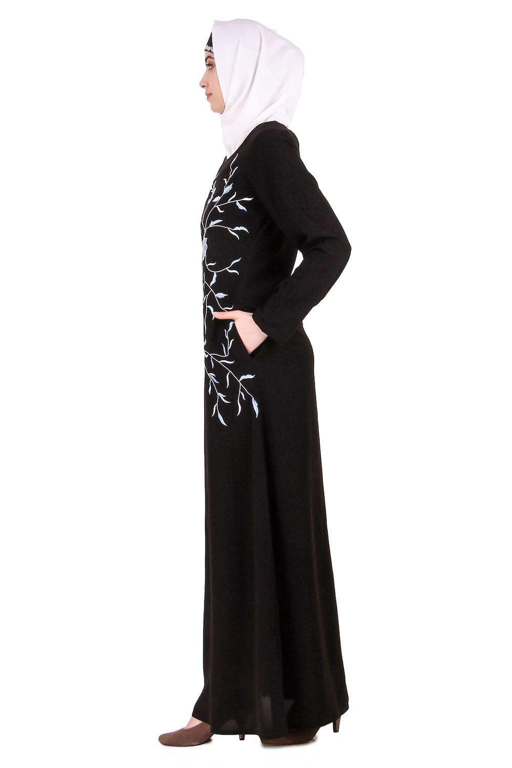 Elegant Black Nida Abaya with Leaf and Flower Embellishments - Perfect for Islamic Prayer, Eid Celebrations & Modest Fashion