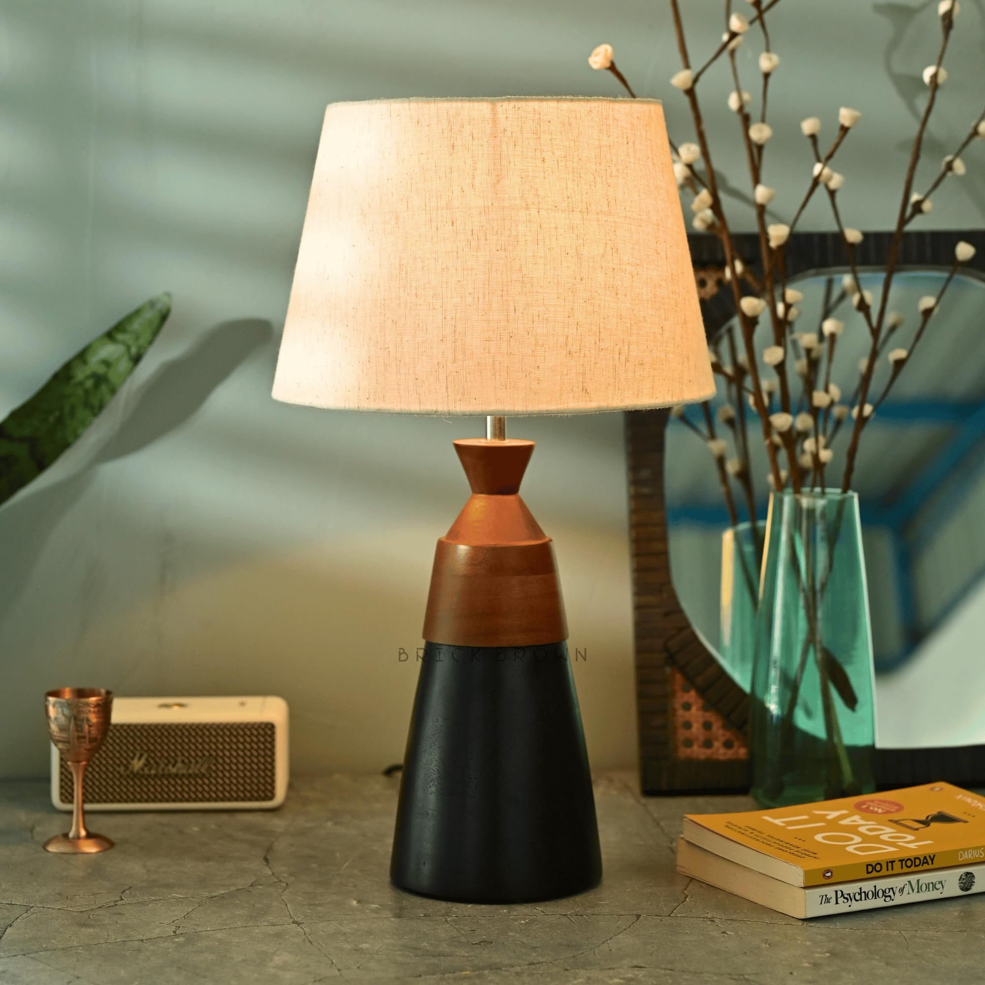 Premium Wooden Walnight Lamp with Shade & Bulb - Brick Brown® Bedside Table Lamp for Bedroom, Living Room & Study | Warm Ambient Lighting for Reading, Relaxation & Home Decor