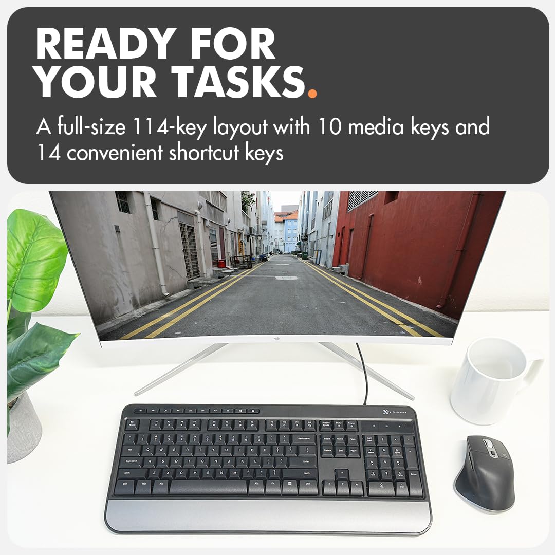 X9 Wired USB Keyboard - Ergonomic Full Size with Wrist Rest for Office & Gaming