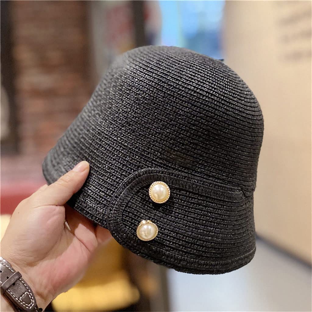Elegant White Pearl Bucket Hat for Women - Summer Straw Sun Hat with Wide Brim for Beach, Outdoor & Holiday - Black (1pc) | Perfect for Vacation, Travel & Fashion Accessories