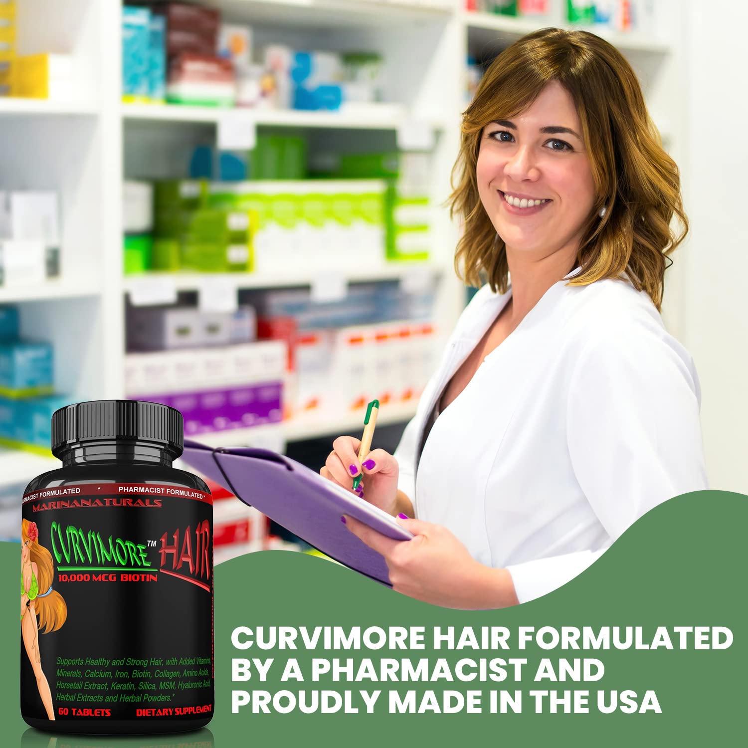 CURVIMORE Hair Growth Supplement with Biotin 10000mcg, Keratin, Collagen & Silica - 60 Tablets for Thicker Hair & Reduced Hair Loss | Supports Healthy Hair Growth with 35 Vitamins, Minerals & Herbs | Perfect for Men & Women Seeking Fuller Hair