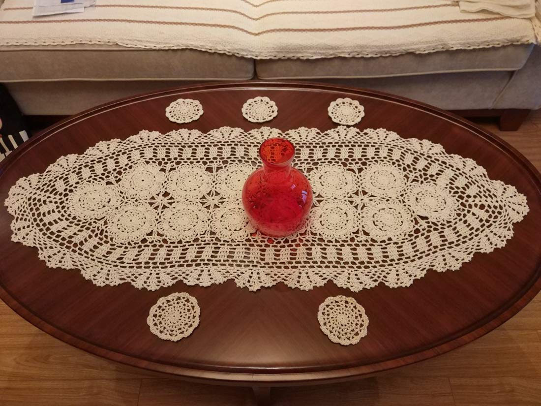 Damanni Handmade Crochet Lace Table Runner - 15x39 Inch Oval Cotton Doily Dresser Scarf in Beige - Perfect for Dining Tables, Coffee Tables & Home Decor