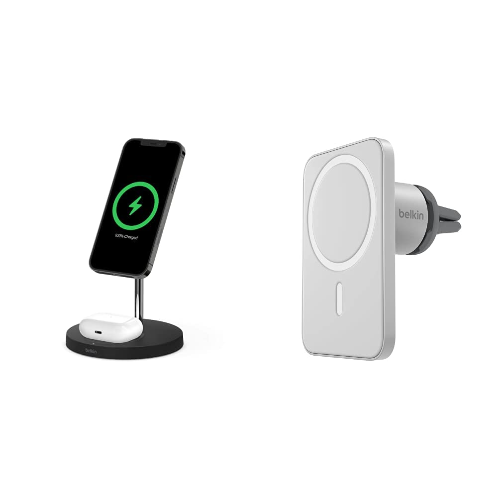 Belkin MagSafe 2-in-1 Wireless Charger Stand & Car Vent Mount - 15W Fast Charging for iPhone 13/12/Pro/Pro Max/Mini | Home & Office Desk Charger | Secure Car Phone Holder for Driving