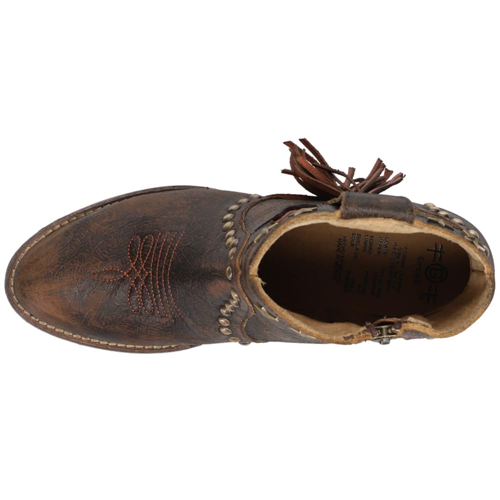 Circle G Women's Distressed Brown Fringe & Studs & Laser Ankle Boots - Round Toe, Rubber Sole, Urban Style Q0181 - Perfect for Casual Outings, Music Festivals & Boho Fashion