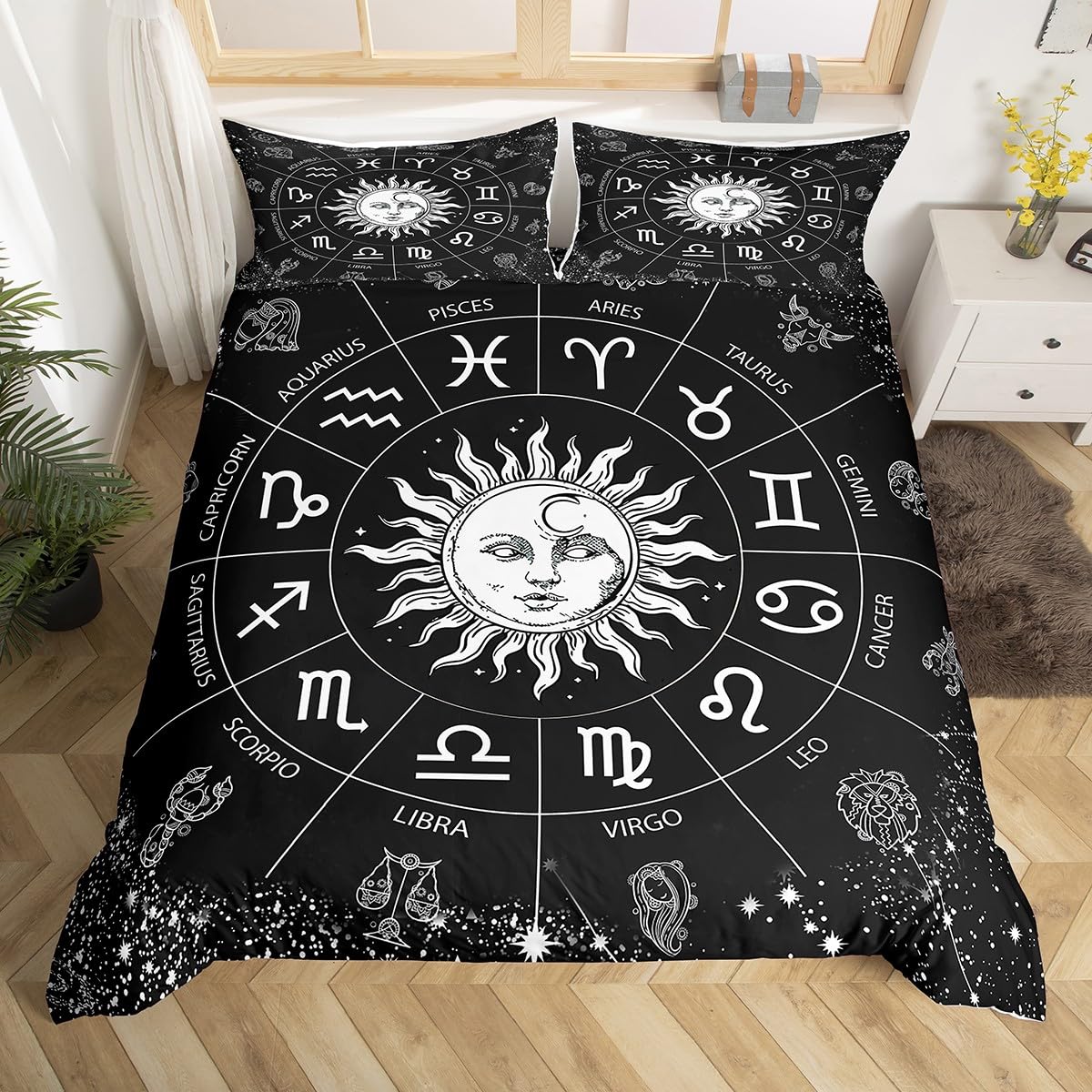Manfei Queen Size Sun and Moon Zodiac Constellation Duvet Cover Set - 3 Piece Astrology Bedding for Kids, Boys & Girls (Black & White, Includes 2 Pillowcases, Comforter Not Included) - Perfect for Themed Bedrooms, Teen Rooms & Celestial Decor