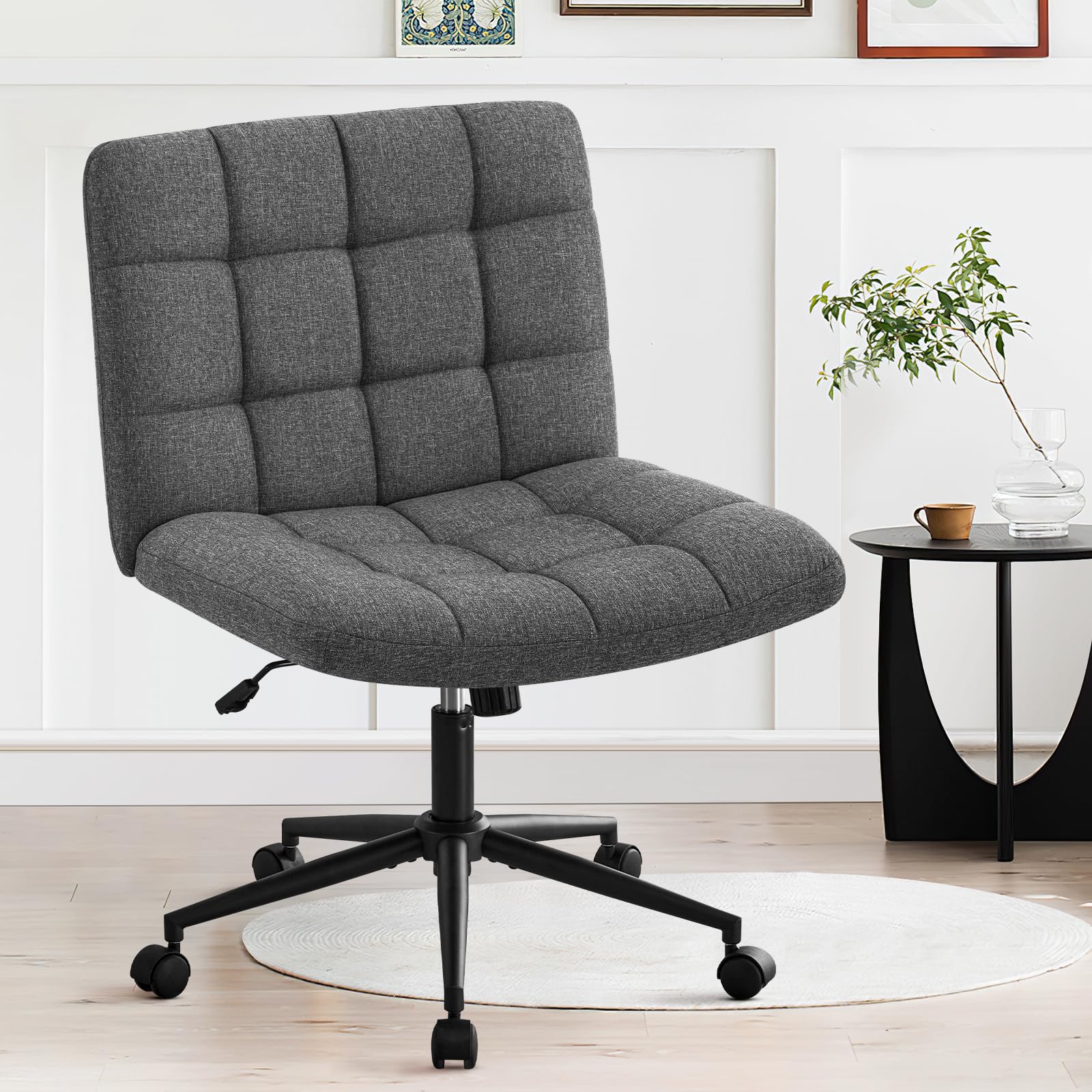 Furniliving Armless Office Desk Chair - Adjustable Swivel Chair with 360° Wheels & Linen Fabric Padding, Wide Criss Cross Base for Home Office, Living Room or Bedroom - Dark Grey - Perfect for Small Spaces & Modern Workspaces