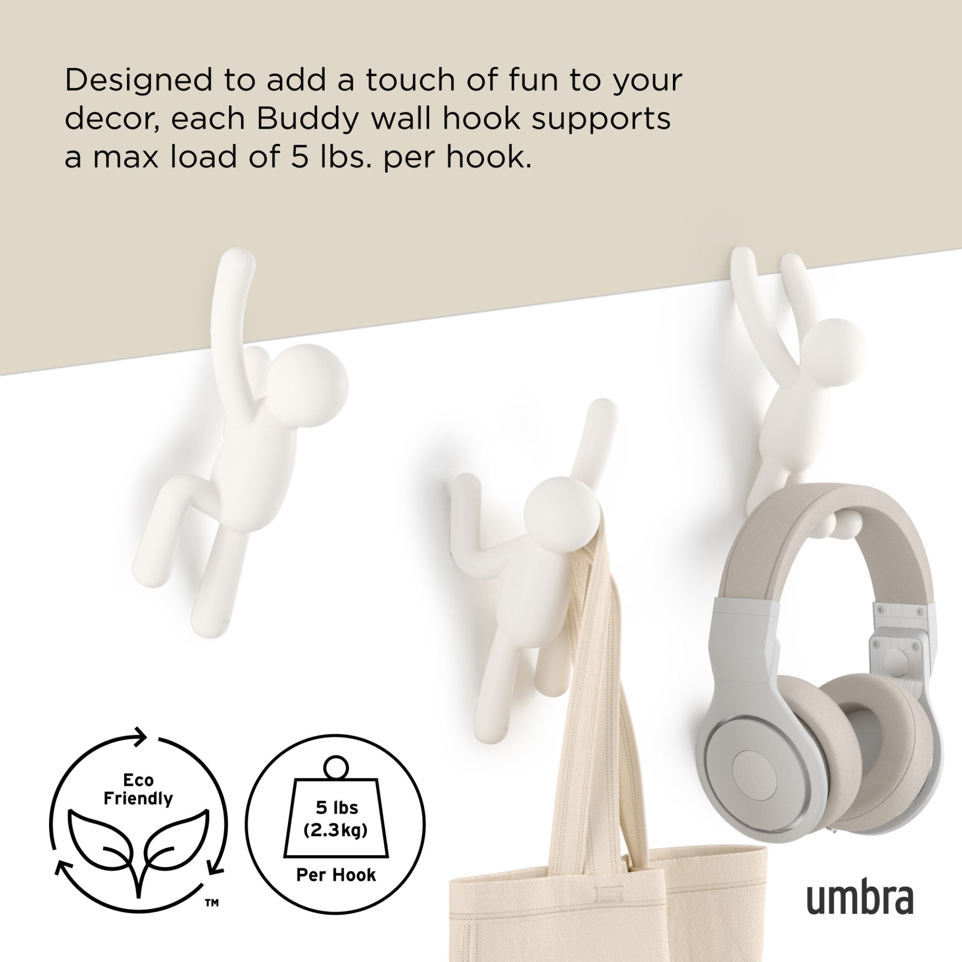 Buddy Wall Hooks Set of 3 - Heavy Duty Adhesive Hooks for Hanging Coats, Hats & Keys - Perfect for Home, Office & Dorm Organization