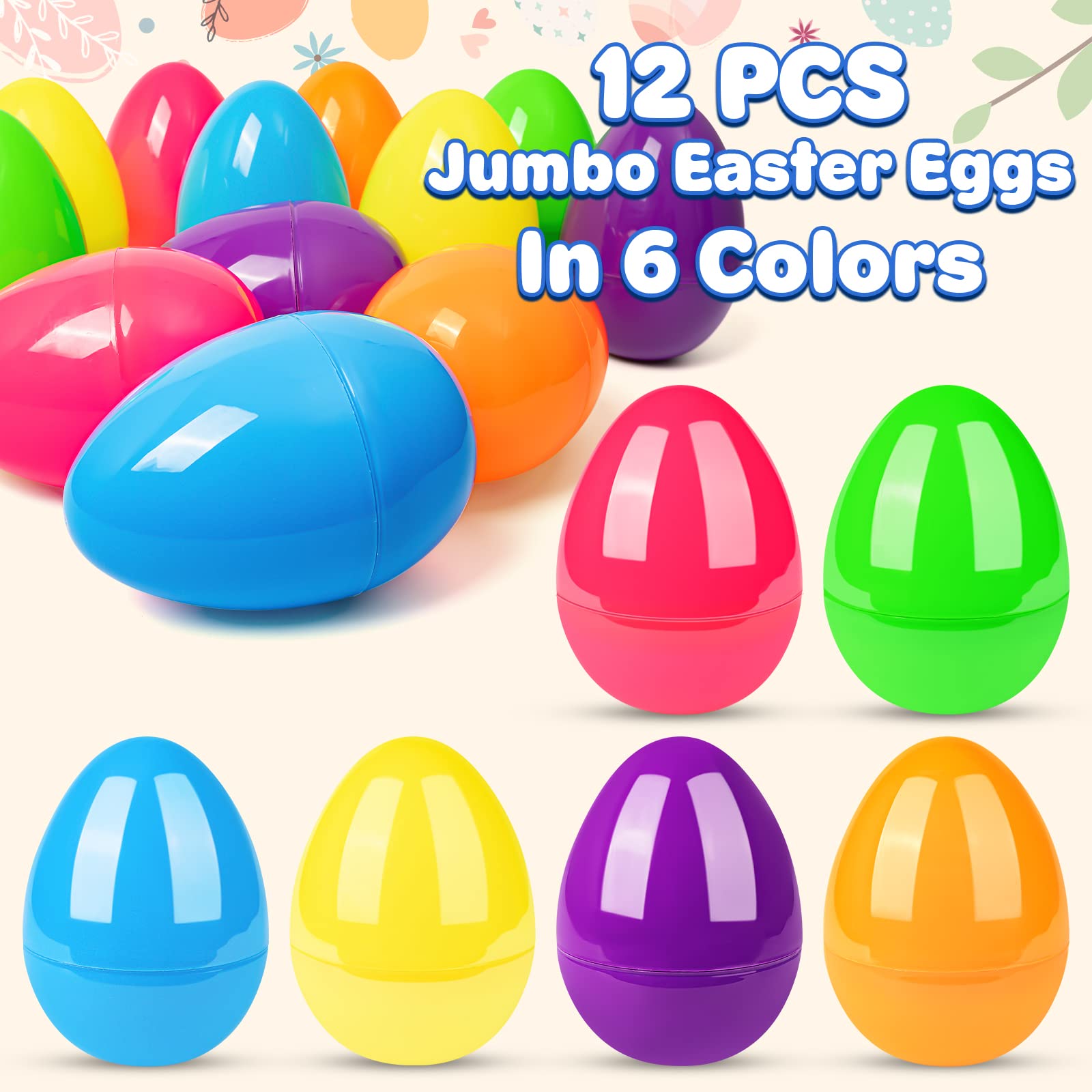 BainGesk 12-Piece 6-Inch Jumbo Plastic Easter Eggs - Large Fillable Easter Basket Stuffers for Egg Hunts, Candy & Toy Storage - Easter Party Favors & Decorations for Kids (Great for Easter Celebrations, Classroom Activities & Spring Festivals)