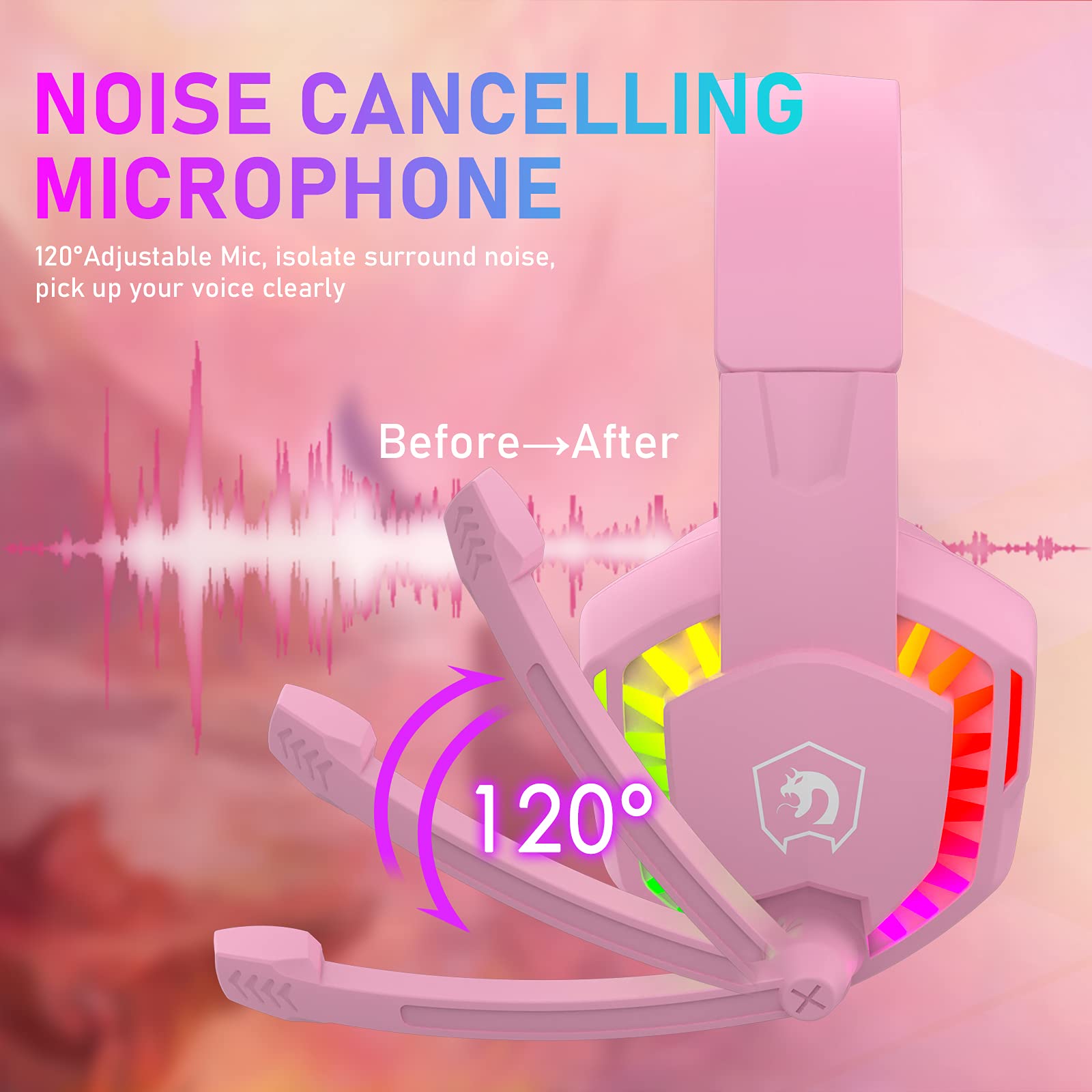 Wired Gaming Headset with RGB Backlight, Noise-Canceling Mic & Deep Bass - Over-Ear Headphones with Memory Foam for PS5, Xbox Series X, PC, Mac - Perfect for FPS Gaming & Streaming (Pink)