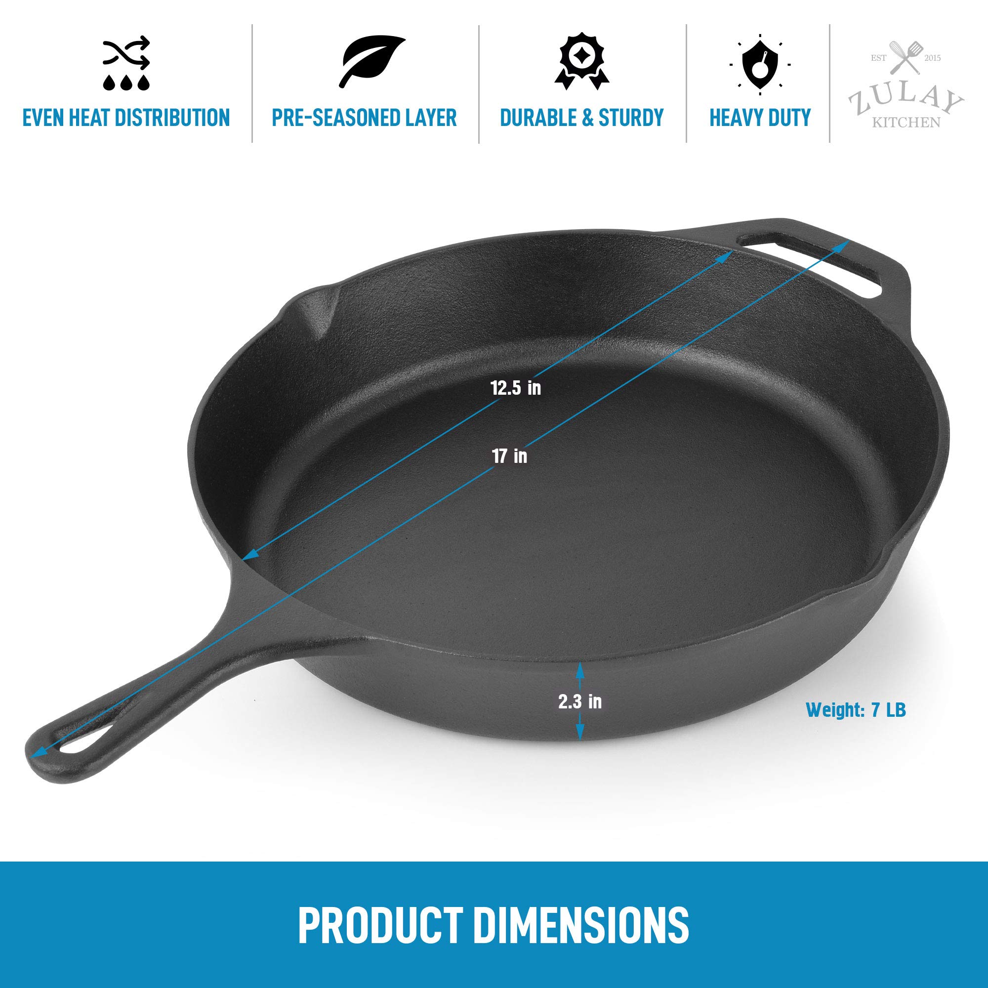 Zulay Kitchen 12 Inch Pre-Seasoned Cast Iron Skillet - Heavy Duty Oven Safe Skillet for Stovetop, Grill, Induction & Campfire Cooking - Perfect for Searing Steaks, Baking Pizza & Outdoor Camping Meals