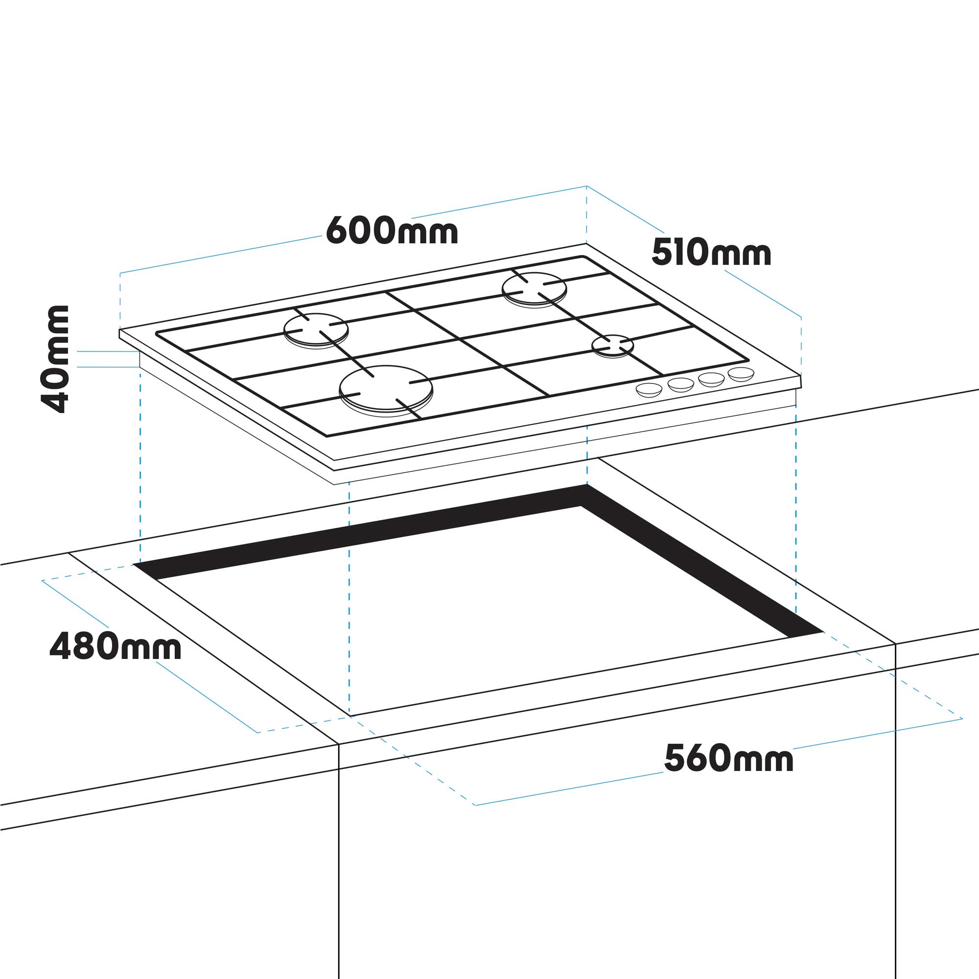 Baridi 60cm Built-In Gas on Glass Hob - 4 Burner Black Glass Cooktop with Cast Iron Pan Supports | Perfect for Modern Kitchens & Home Cooking