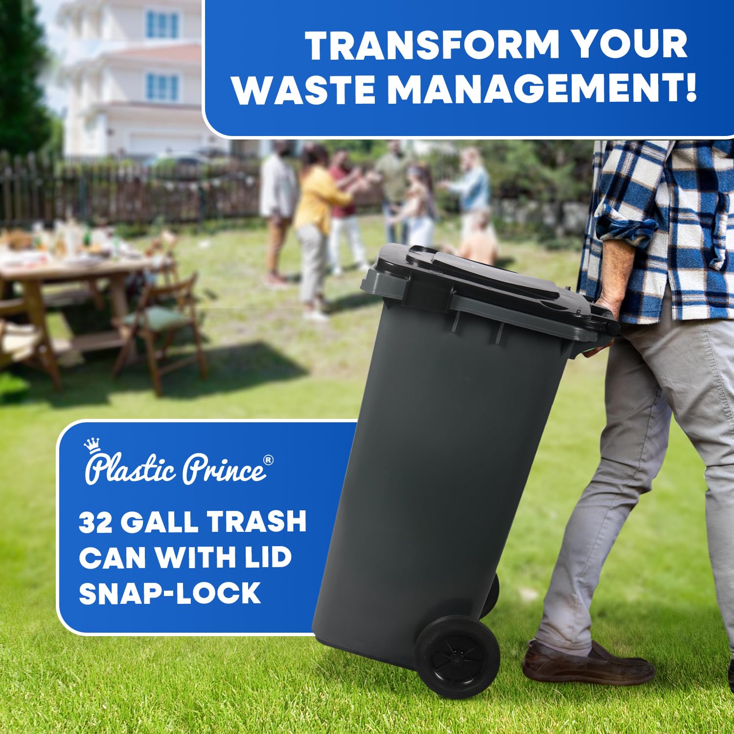 32 Gallon Wheeled Trash Can with Lid - Heavy-Duty Outdoor Garbage Bin for Home & Commercial Use