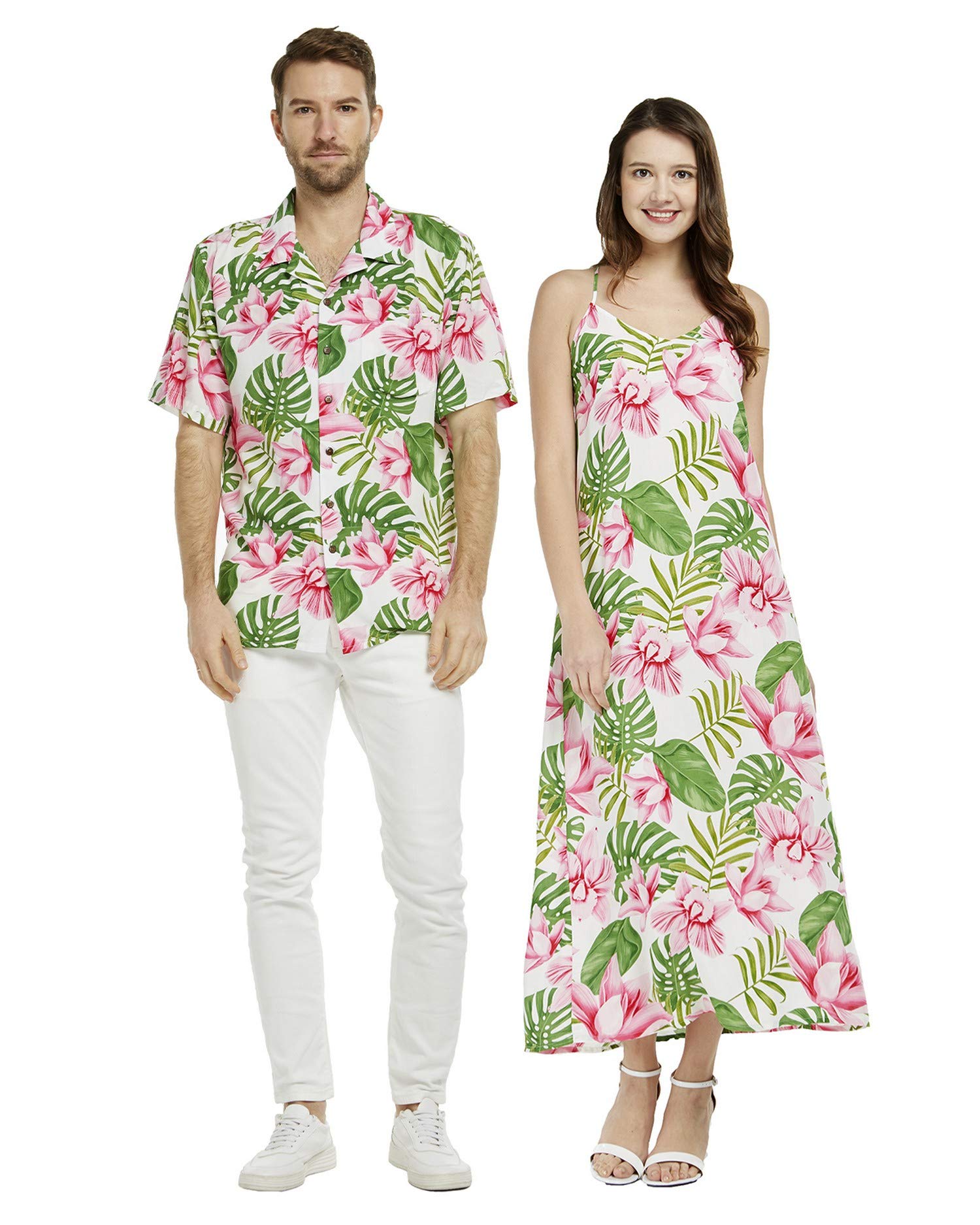 Hawaiian Couple Matching Aloha Shirt & Maxi Tank Dress Set - Pink Hibiscus Vine Print Tropical Beachwear for Luau Party, Vacation & Summer Date Night