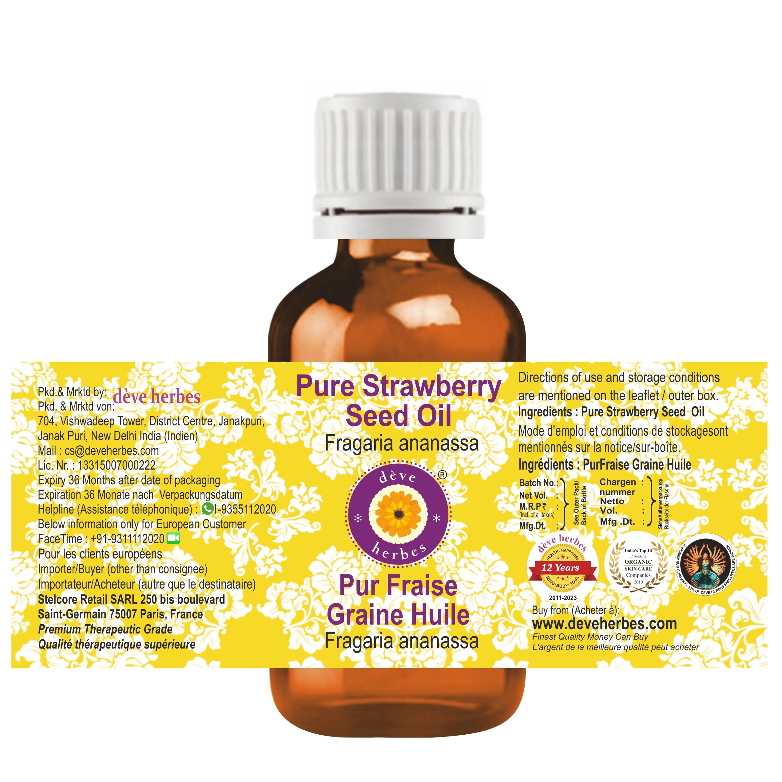 Pure Strawberry Seed Oil (Fragaria Ananassa) - 100% Natural, Therapeutic Grade, Cold Pressed - 15ml Bottle for Skin Care, Hair Growth & Aromatherapy