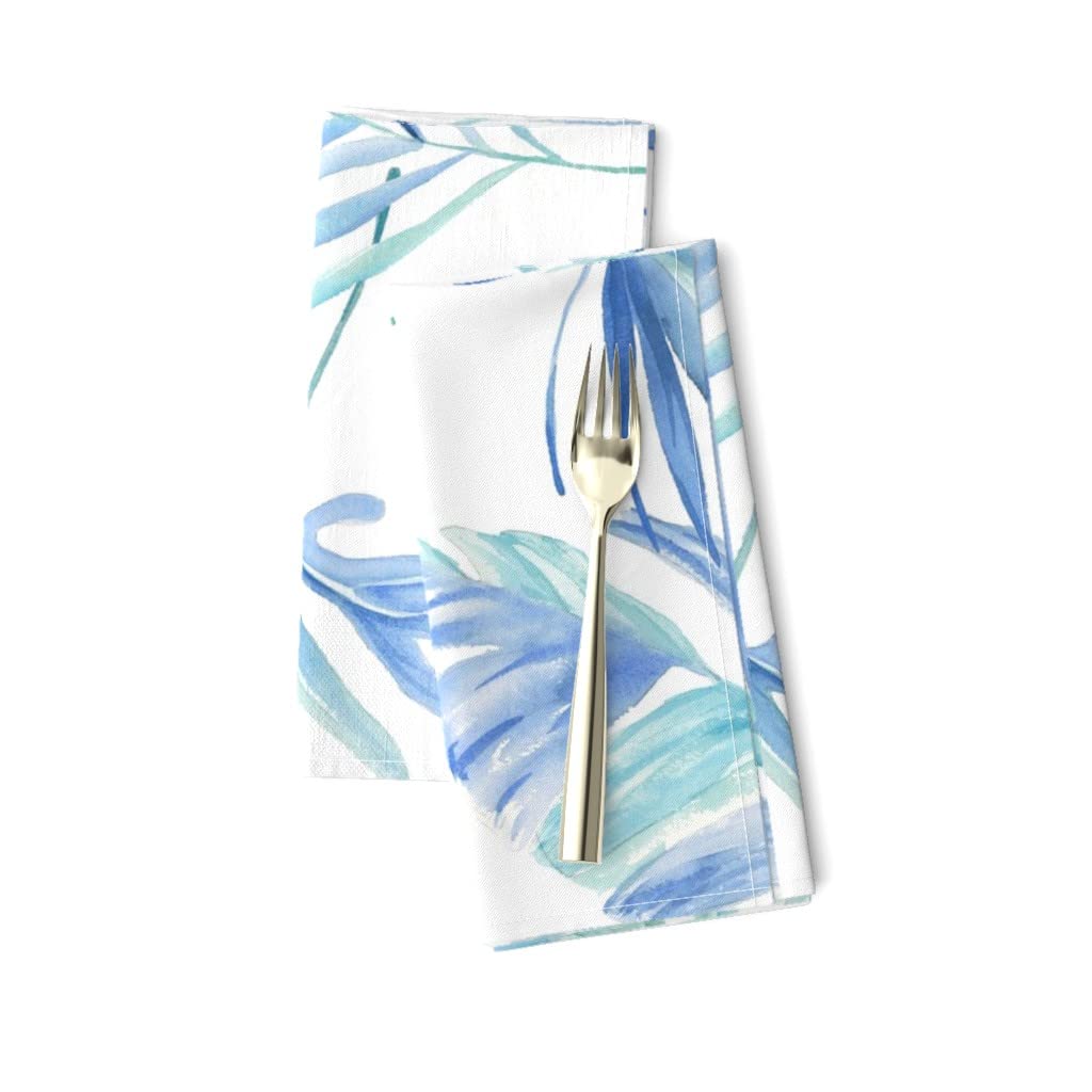 Premium Linen Cotton Canvas Dinner Napkins Set of 2 - Aqua Palm Tropical Jungle Print, Blue & White Modern Home Decor | Perfect for Dinner Parties, Wedding Receptions & Tropical-Themed Events