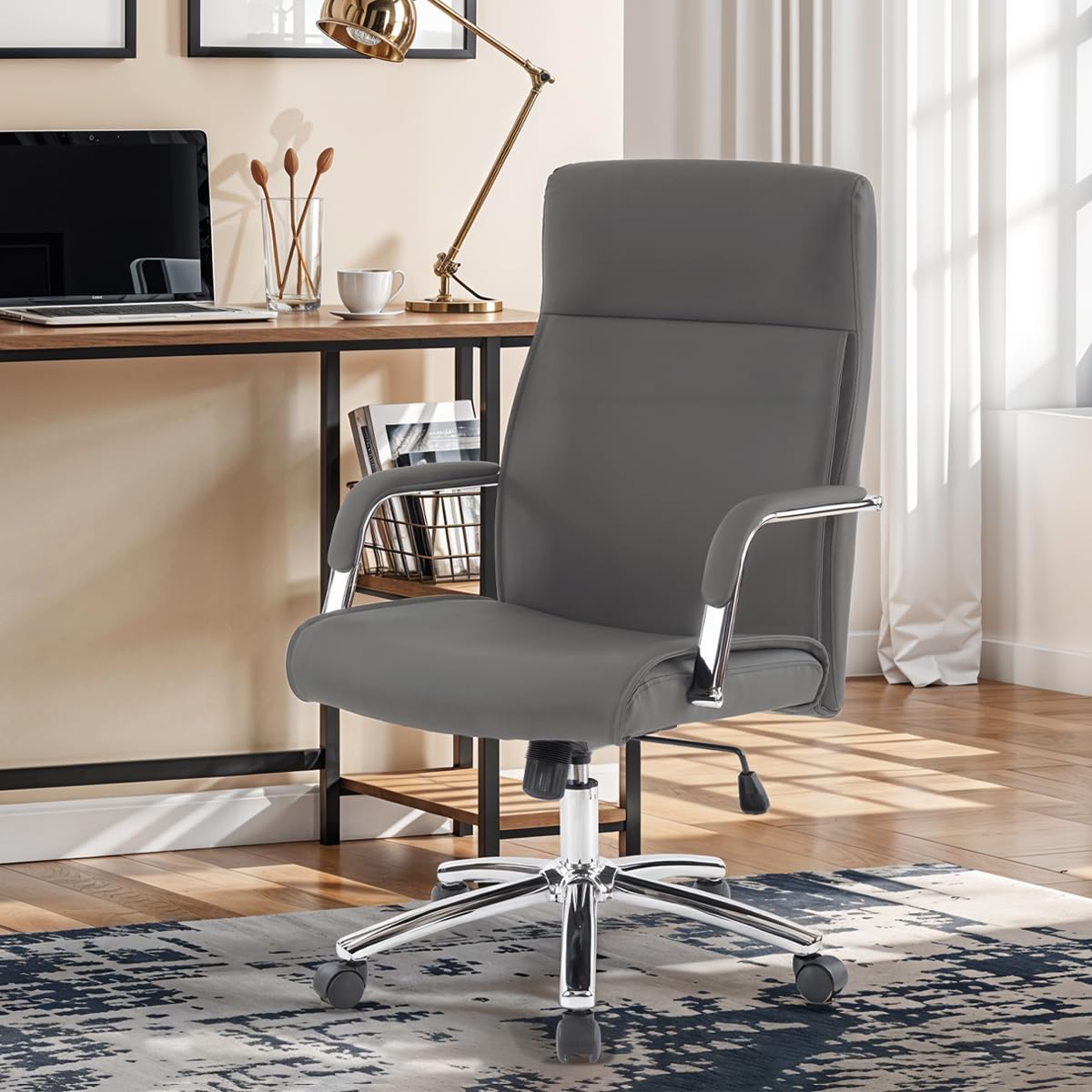 Ergonomic High Back Executive Office Chair with Adjustable Armrests & Lumbar Support - Faux Leather Managerial Desk Chair with Rocking Function (Grey) - Perfect for Home Office, Conference Rooms & Workspaces