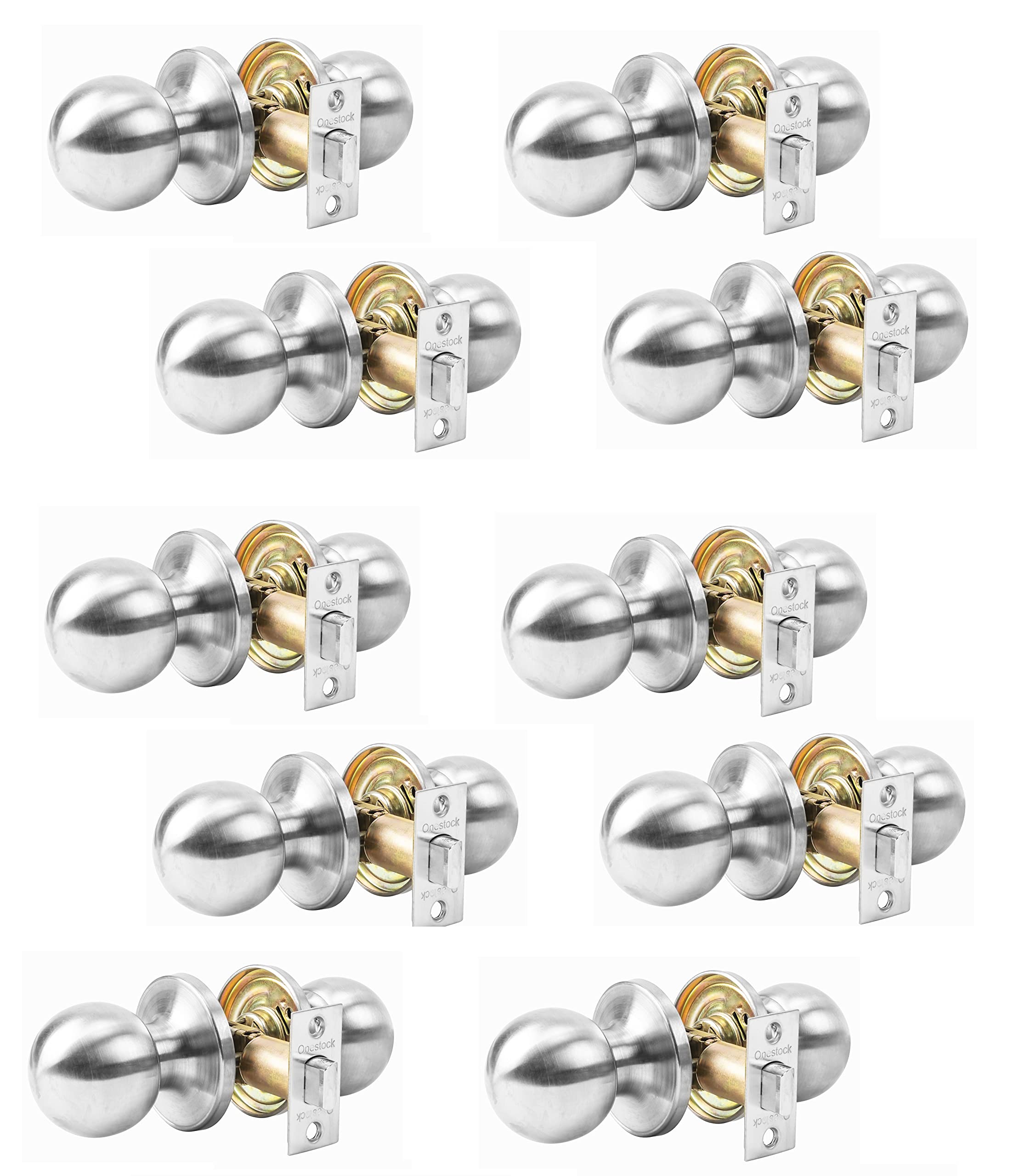 ONESTOCK Ball Lockset Passage Door Knob - Non Locking Interior Door Handle for Office, Closet, Hallway & Bedroom - Satin Nickel Finish (10 Pack) - Perfect for Privacy Doors Without Locks
