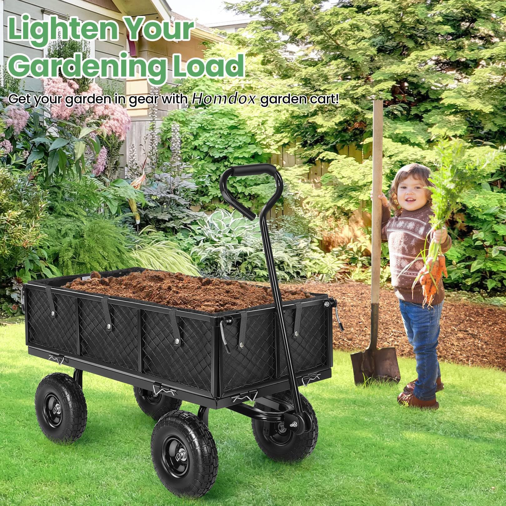 Homdox MAX 880LB Heavy Duty Foldable Garden Cart with 180° Rotating Handle - Collapsible Mesh Wagon for Yard, Garden, Beach & Farm Use (Includes Storage Bag) - Perfect for Hauling Soil, Mulch, Firewood & Outdoor Equipment