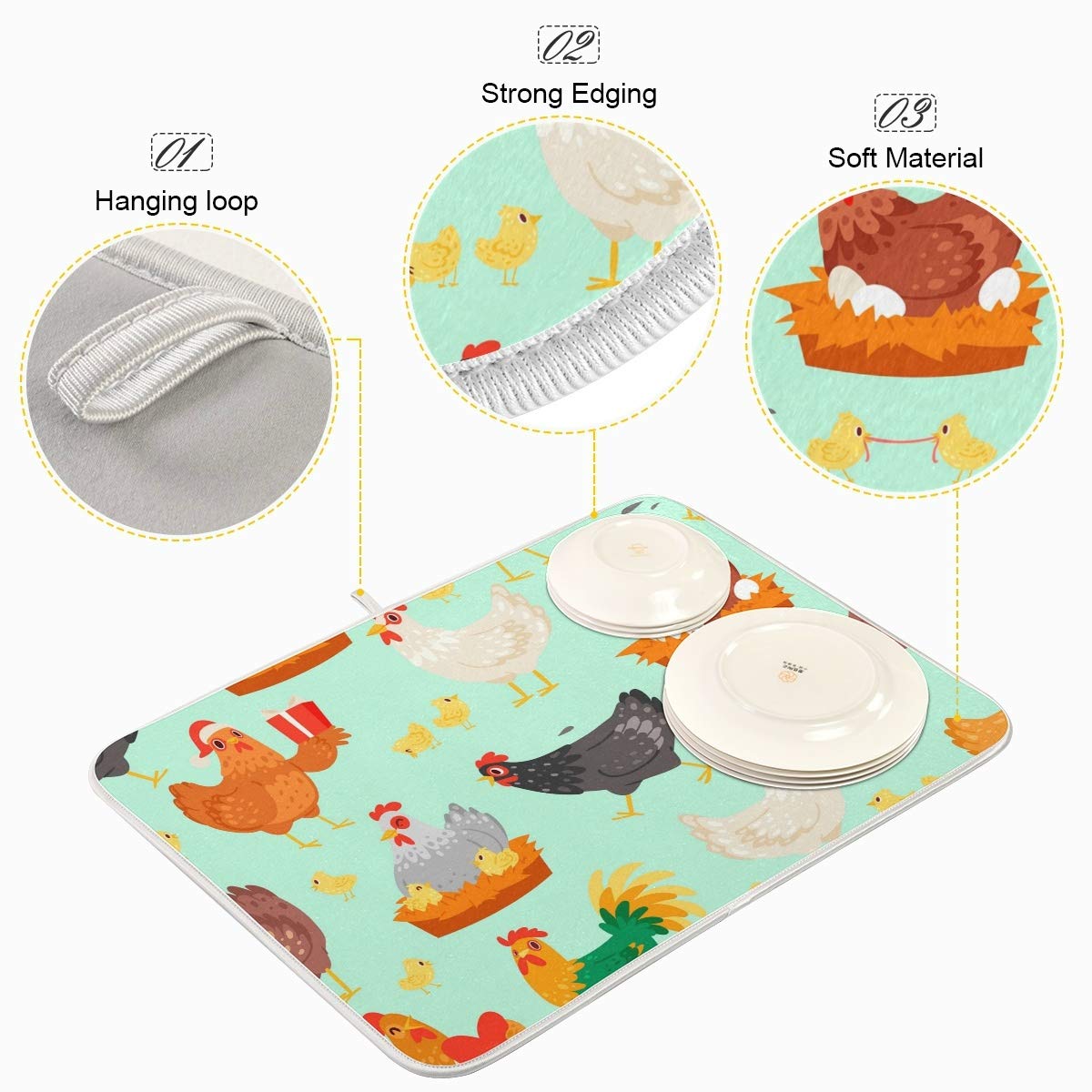 Microfiber Dish Drying Mat 16x18 Inch - Absorbent Chicken Design for Kitchen Counter - Perfect for Dishes & Utensils