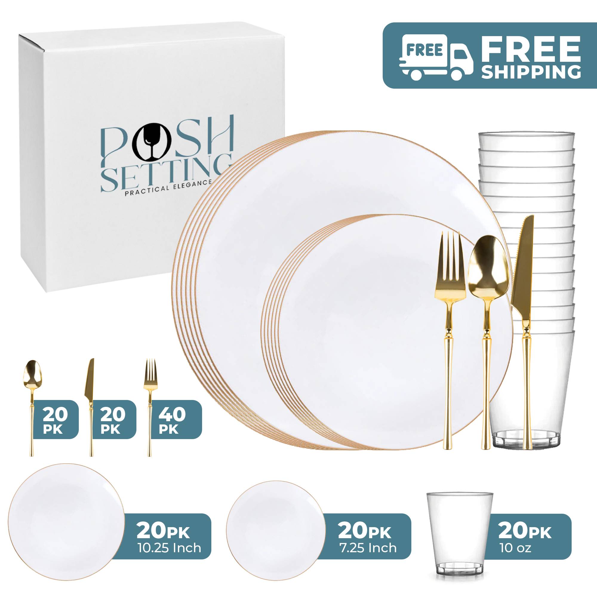 White and Gold Plastic Party Bundle - Eco-Friendly Disposable Tableware Set for Birthday, Wedding & Holiday Celebrations - Perfect for Outdoor Picnics, BBQs and Festive Gatherings
