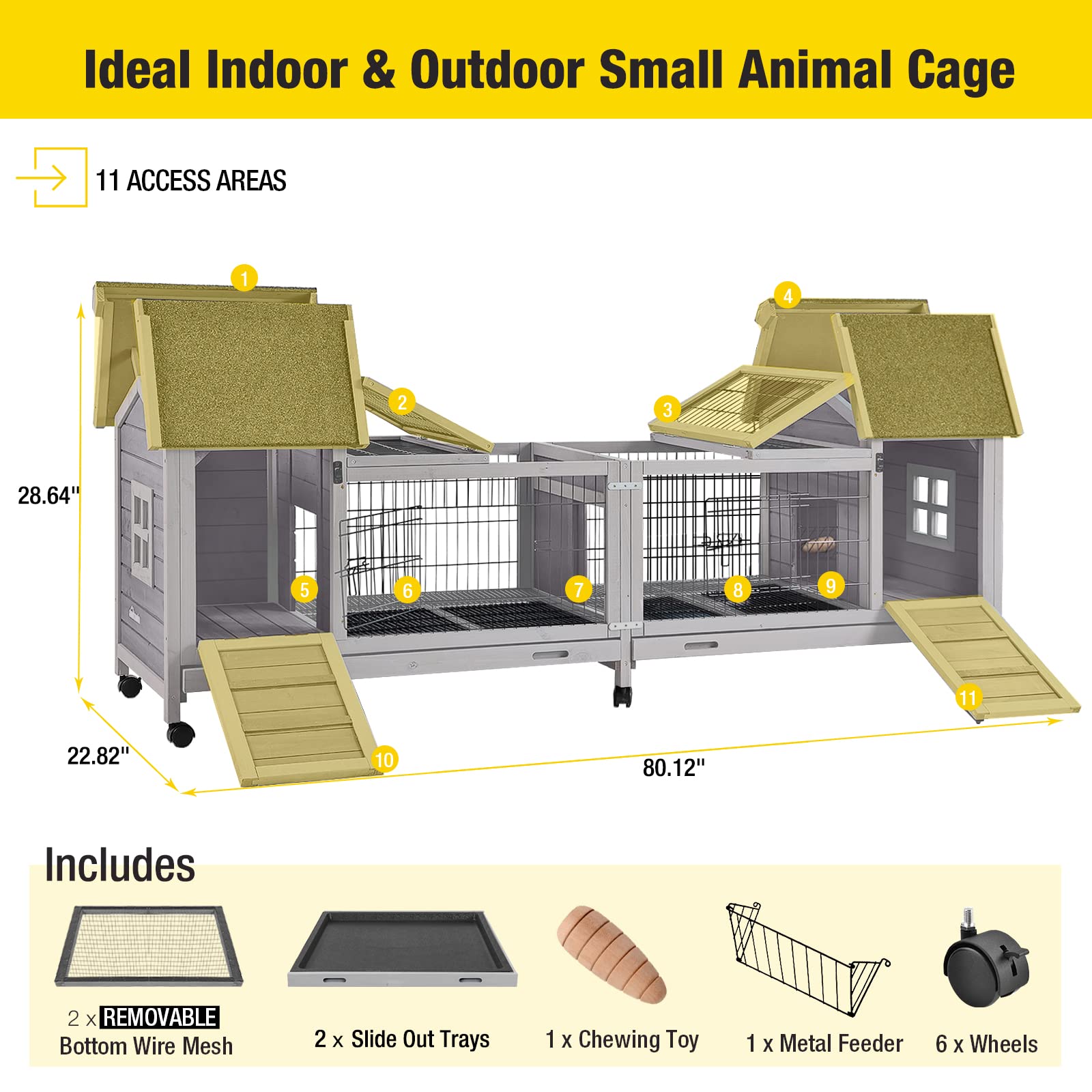 Aivituvin Rabbit Hutch Bunny Cage - Double House & Run Indoor/Outdoor Guinea Pig Cage with Deep No-Leak Trays & Wheels | Perfect for Small Pets Like Rabbits, Guinea Pigs & Hamsters | Great for Backyard, Patio or Indoor Use