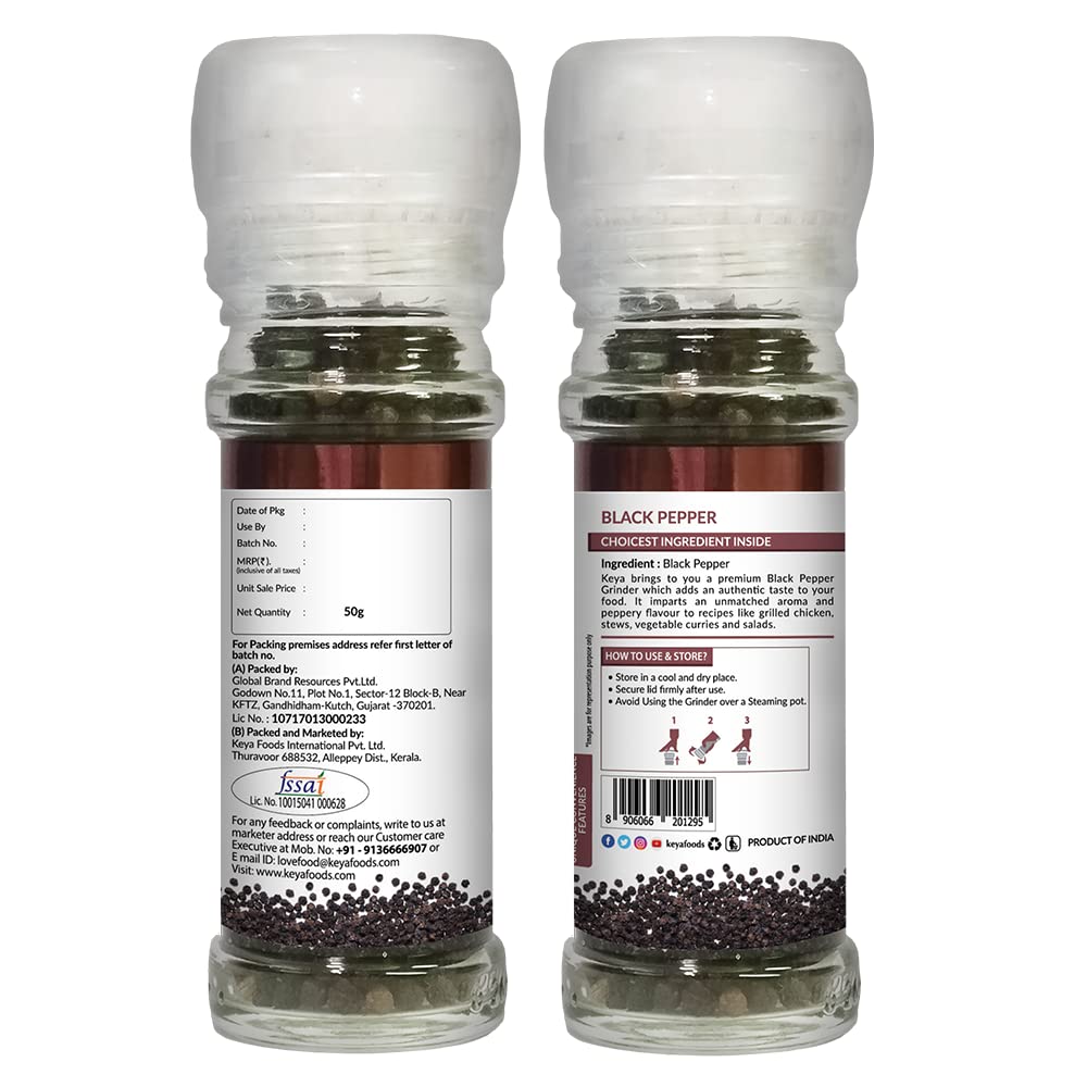 Premium Keya Black Pepper Grinder - 50g Fresh Kali Mirch | High-Quality Ground Black Pepper for Enhanced Flavor | Easy Twist-Top Design | Ideal for Cooking, Seasoning, Garnishing & Everyday Meals | Perfect for Steak, Pasta, Salads & Soups