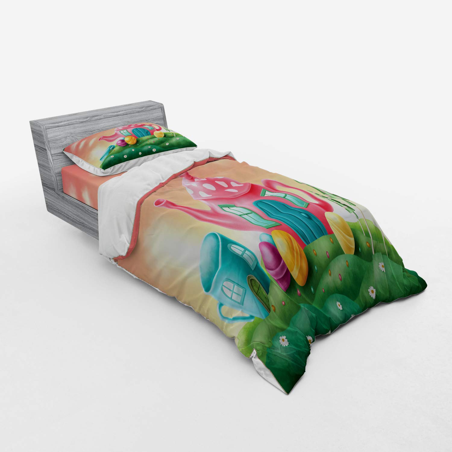 Ambesonne Fantasy Bedding Set - Polka Dot Tea Pot & Coffee Cup House with Lollipops Design, 3-Piece Duvet Cover Set (Twin XL, Fern Green & Coral) | Perfect for Kids' Rooms, Themed Bedrooms & Whimsical Home Decor