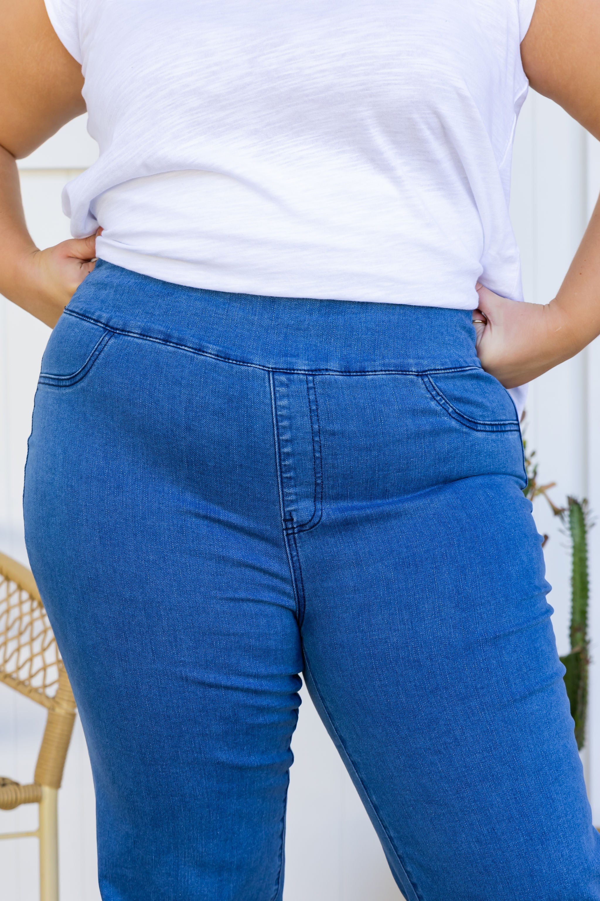 Lara Pull-On Jeans for Women - Mid Blue Denim Stretch Pants - Comfortable & Stylish for Casual Wear, Office, and Travel