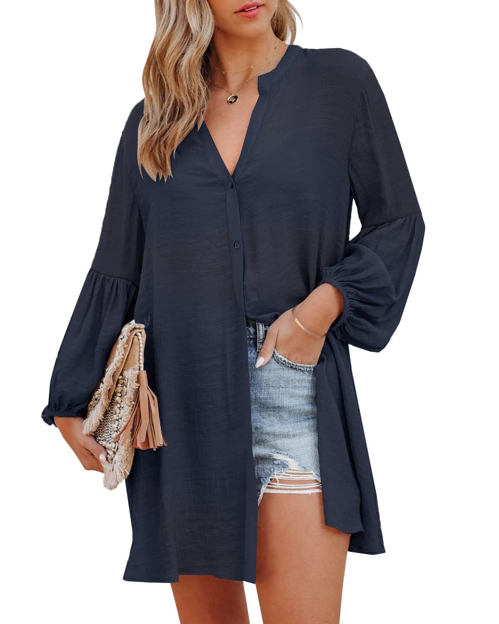 Women's Summer Beach Cover Up - Puff Sleeve V-Neck Button Down Shirt for Swimwear & Vacation | Perfect for Poolside, Resort Wear & Tropical Getaways