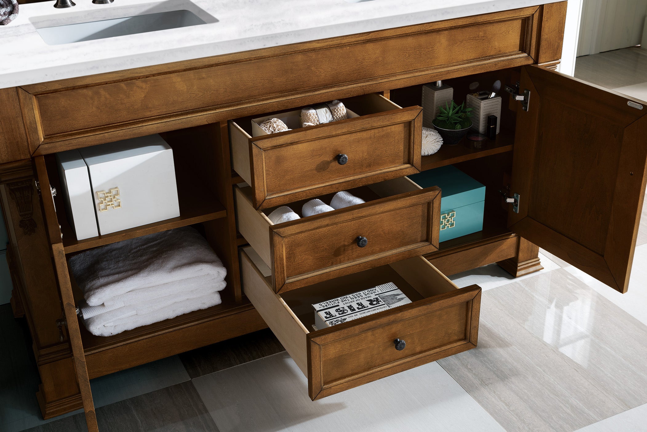 Brookfield 60-Inch Double Vanity with Country Oak Finish & 3CM Arctic Fall Solid Surface Top - Perfect for Master Bathroom & Modern Farmhouse Style Homes