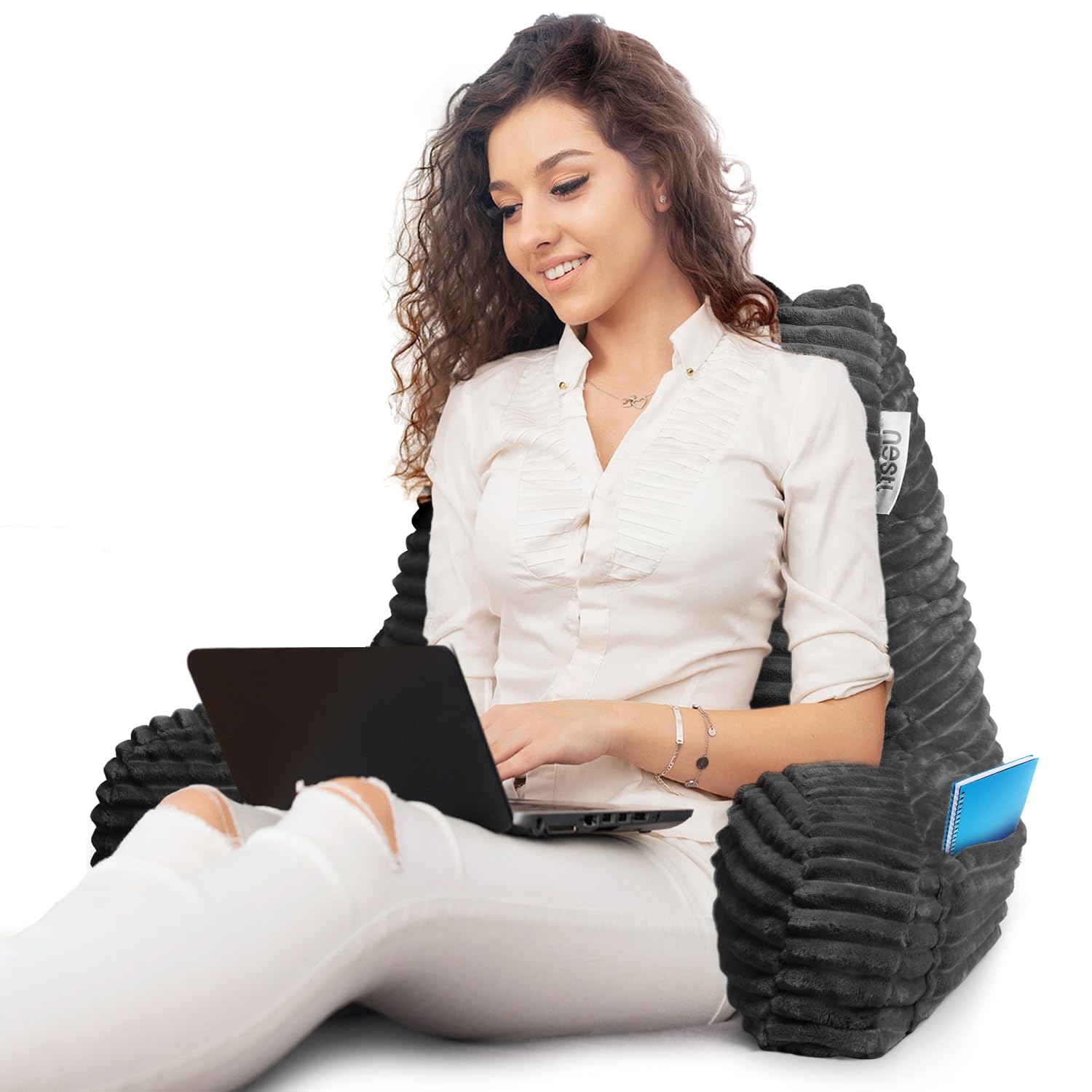 Nestl Reading Pillow for Adults - Plush Back Support Pillow with Shredded Memory Foam, Armrests & Pockets - Perfect for Sitting Up in Bed, Reading, Watching TV, or Relaxing - Grey Bed Rest Pillow