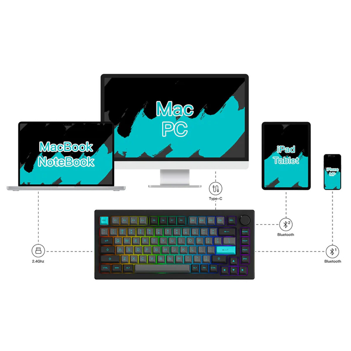 Akko 5075B Plus 75% Wireless Mechanical Keyboard - Black & Cyan RGB Backlit, Hot-Swappable Creamy Yellow Switches - Perfect for Gaming, Typing & Office Work