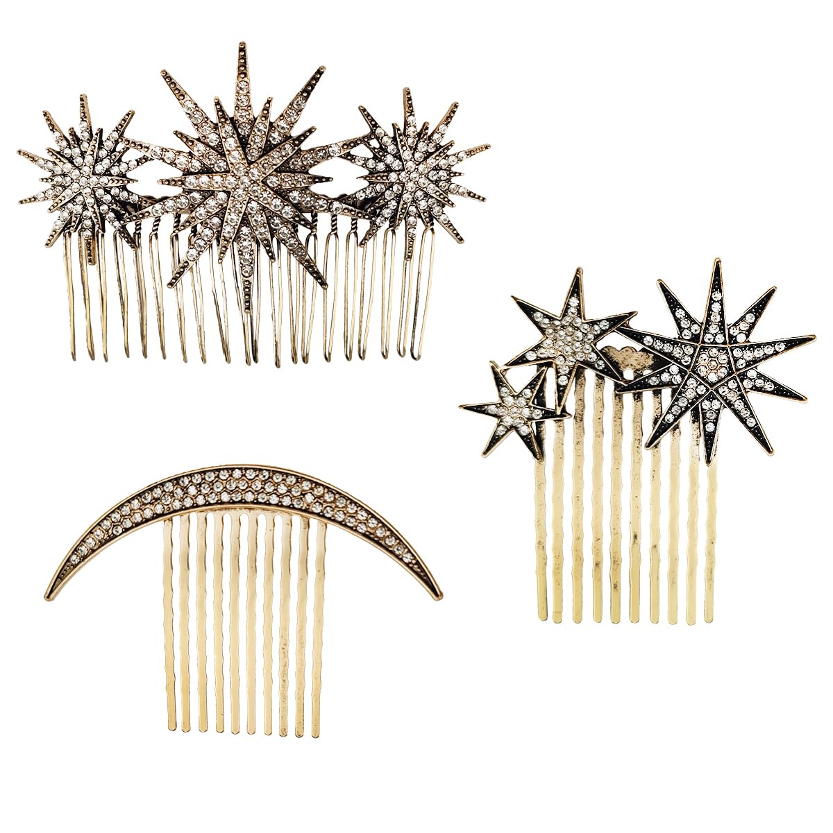 Vintage Metal Hair Side Combs for Women - 3 Pack Gold Moon Star Decorative Hair Clips with Teeth Grip | French Twist Bridal Hair Accessories for Weddings, Prom & Special Occasions