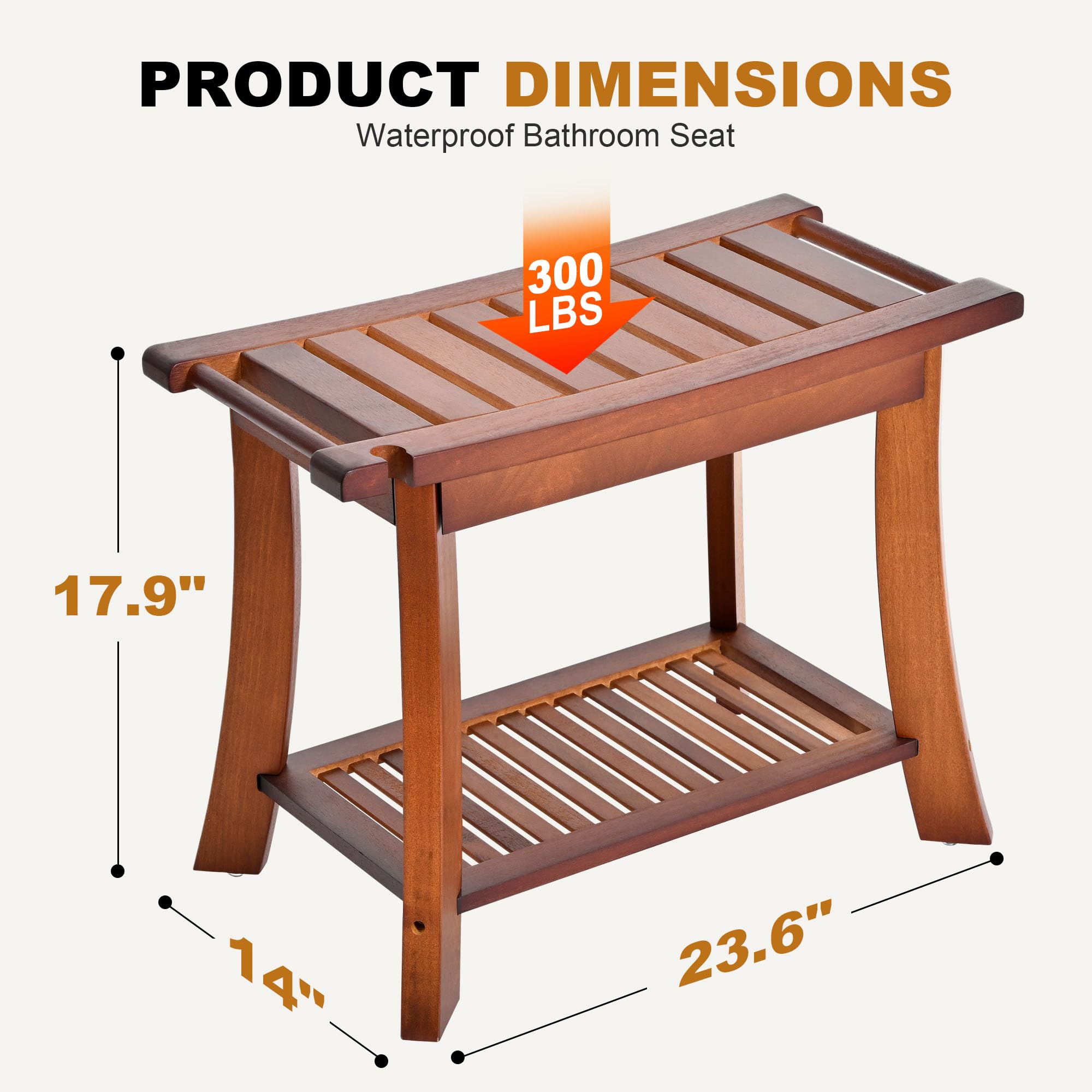 Teak Shower Chair Stool - 24 Inch Wooden Shower Bench Seat with Storage Shelf for Adults, Elderly & Disabled - Non-Slip Bathroom Stool for Indoor & Outdoor Use - Perfect for Spa, Bathroom Safety & Relaxation