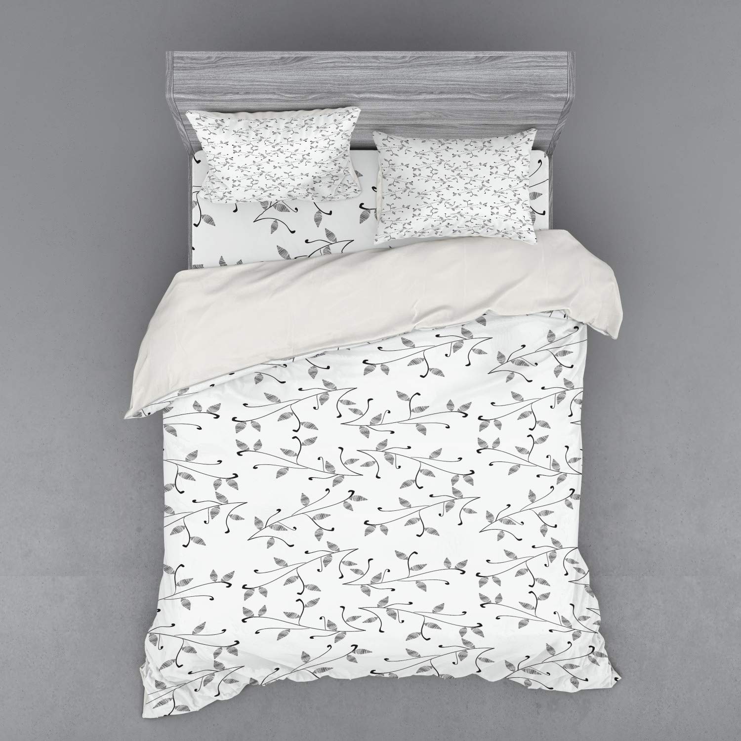 Ambesonne Monochrome Leaf Duvet Cover Set - Minimalist Eco-Friendly Plant Pattern with Branch Design, 4-Piece Queen Size Bedding Set Includes Shams & Fitted Sheet in Grey White - Perfect for Modern Bedrooms, Guest Rooms & Nature-Inspired Home Decor