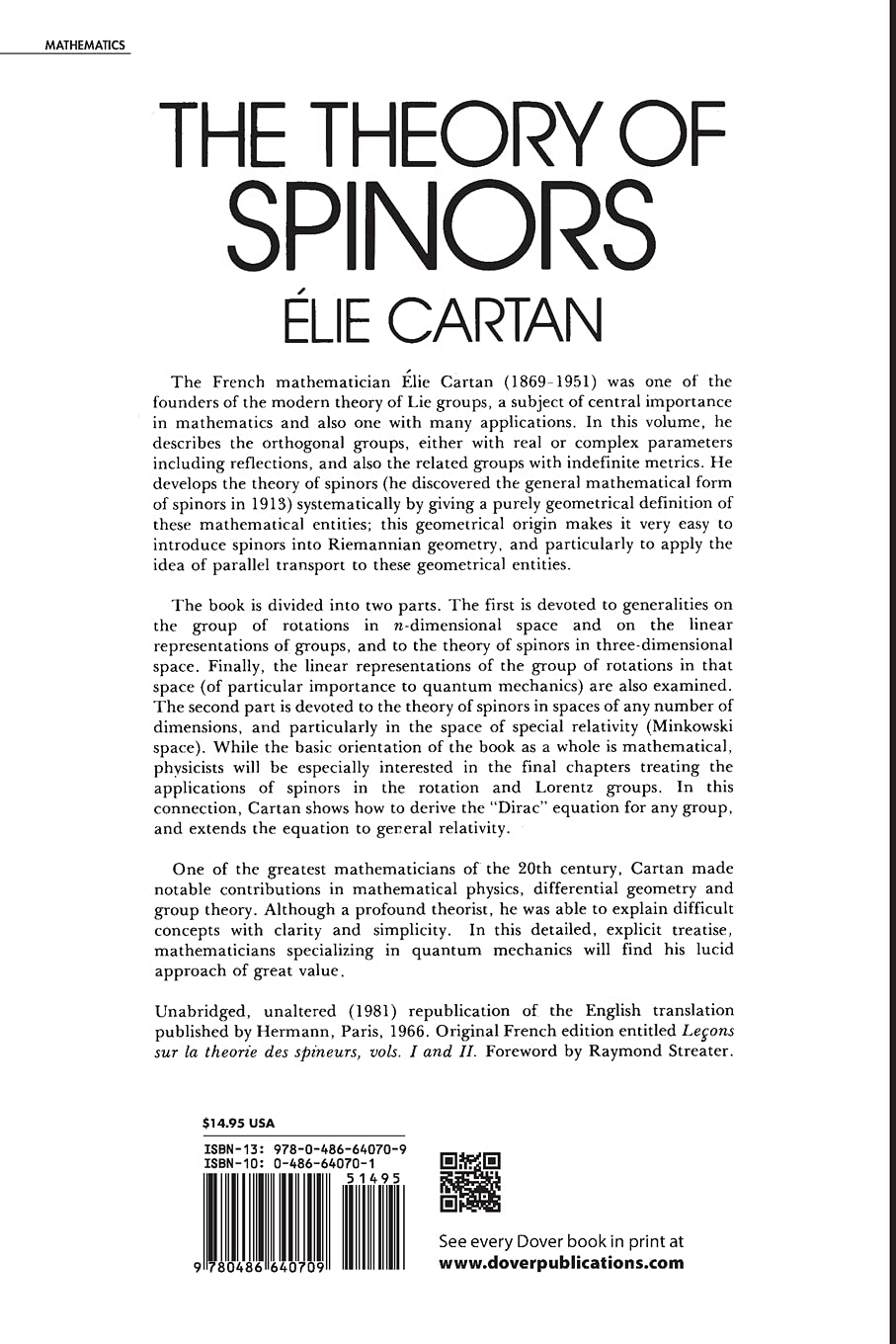 The Theory of Spinors - Dover Mathematics Book | Advanced Math Textbook for Physics & Quantum Mechanics Studies