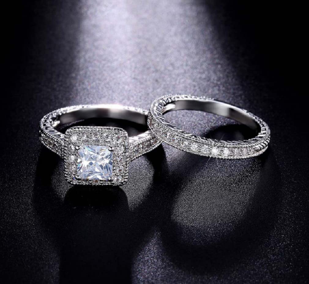 ZDIFDIC 925 Sterling Silver Wedding Ring Set for Women - Cubic Zirconia CZ Engagement Band & Stackable Promise Ring (2-Piece Set, Size 7) - Perfect for Bridal, Anniversary & Romantic Gifts