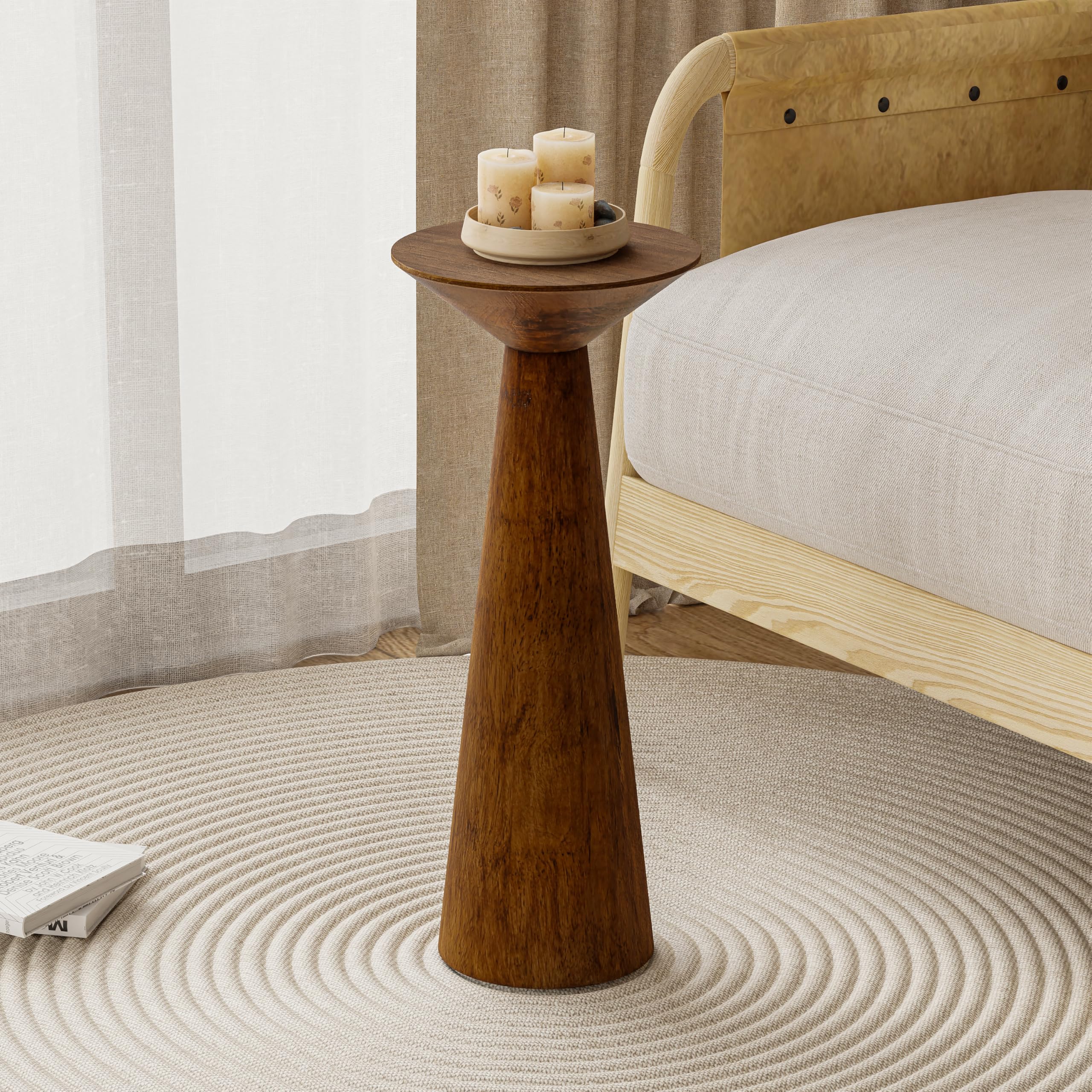 Farmhouse Tall Pedestal End Table - Solid Wood Martini Table, Modern Round Drink Stand for Small Spaces - Perfect for Living Room, Bedroom or Office - Walnut Finish