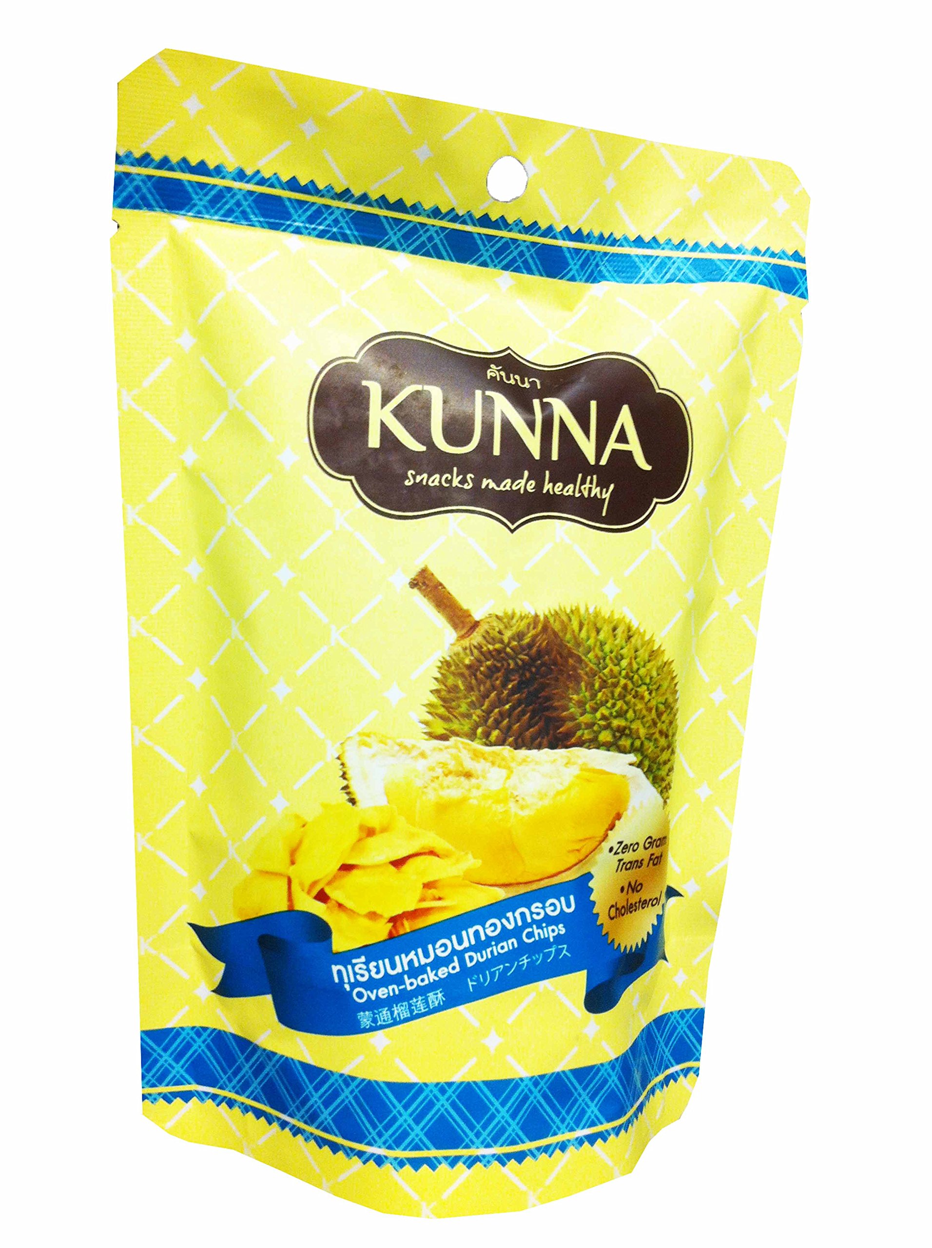 3 Packs Kunna Premium Oven-Baked Durian Chips | 50g per Pack | Authentic Thai Fruit Snack | Gluten-Free Healthy Snacks for Office, Travel & Movie Nights