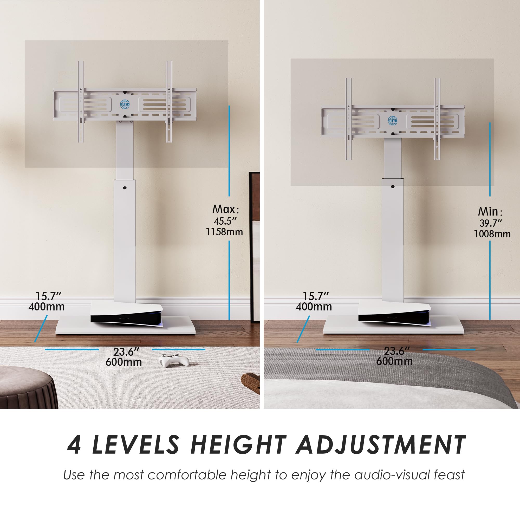 FITUEYES Universal TV Stand for 32-75 Inch TVs - Adjustable Height Swivel Floor Stand with Iron Base, Wire Management for LED LCD OLED Plasma Flat & Curved Screens - Space Saving Design for Living Room, Bedroom or Office (White)