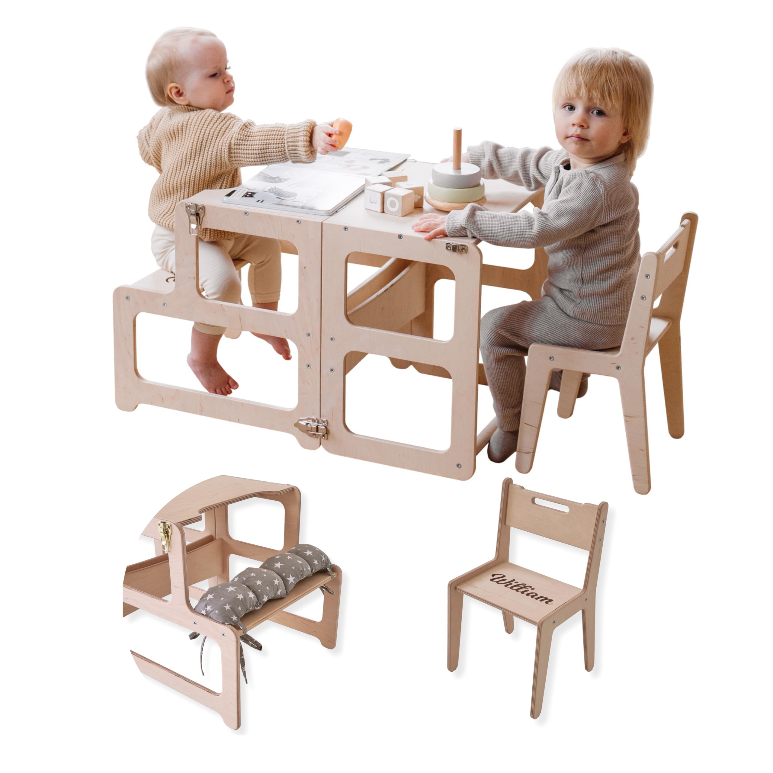 Montessori Kitchen Tower for Toddlers - Natural Wood Toddler Step Stool with Chair & Pillow - Safe Learning Tower for Kids - Perfect for Baking, Cooking & Kitchen Helper Activities